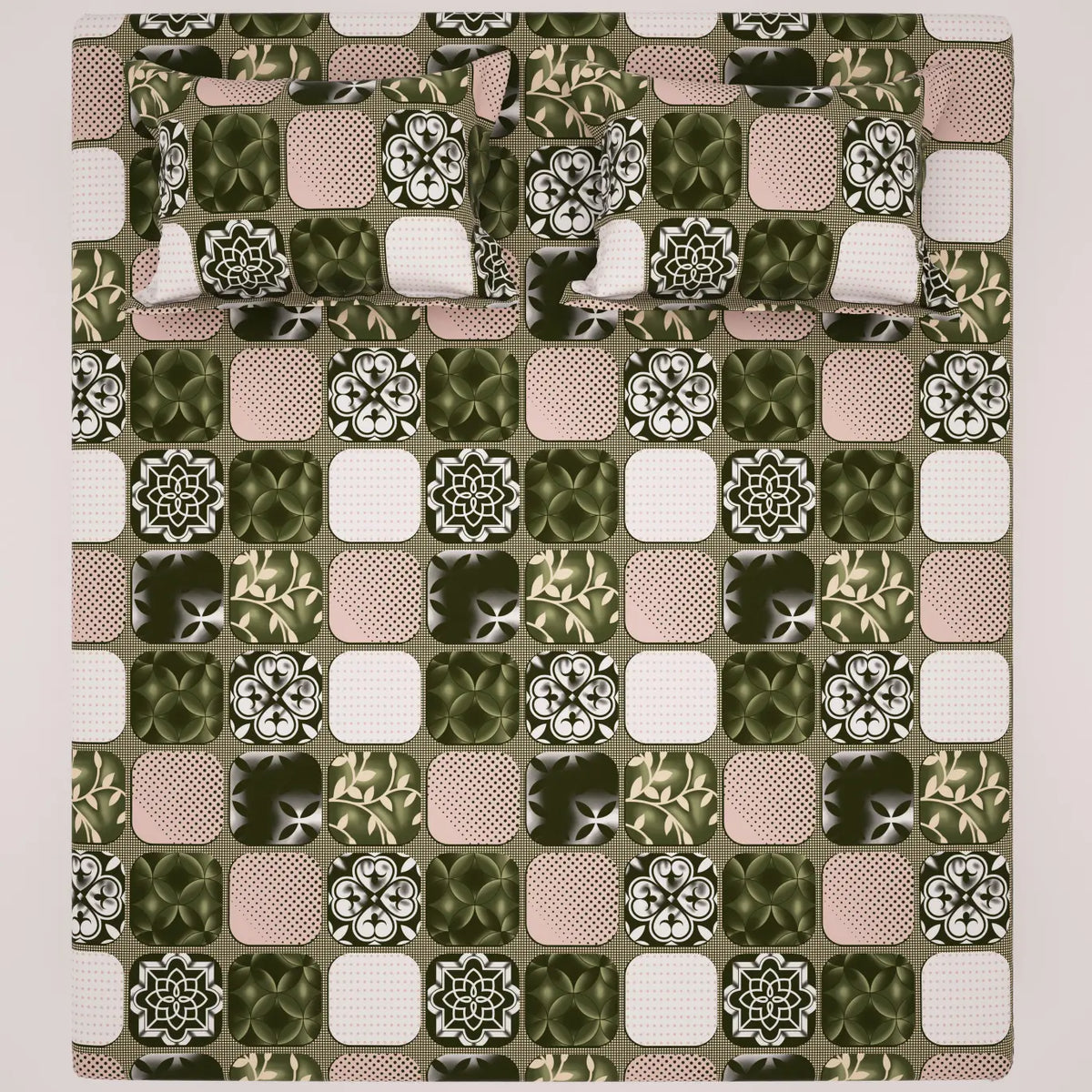 PATCHWORK GREEN SATEEN BED SHEET SET