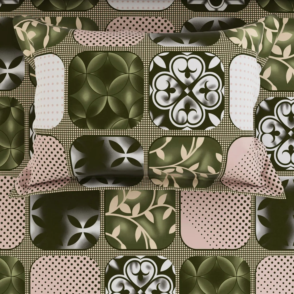 PATCHWORK GREEN SATEEN BED SHEET SET