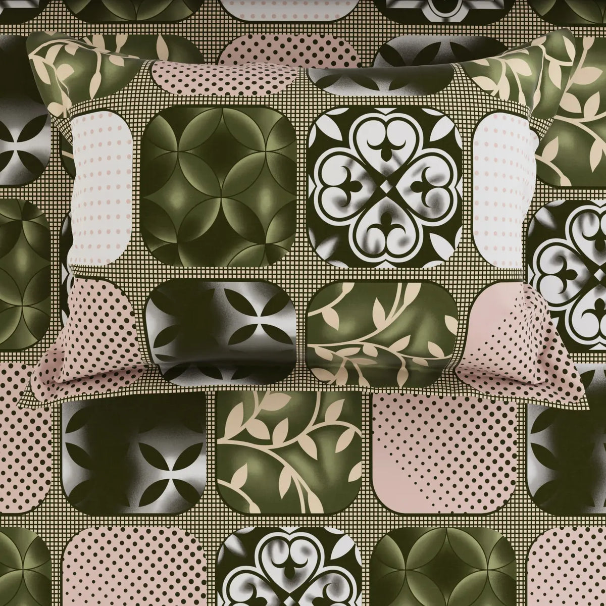 PATCHWORK GREEN SATEEN BED SHEET SET