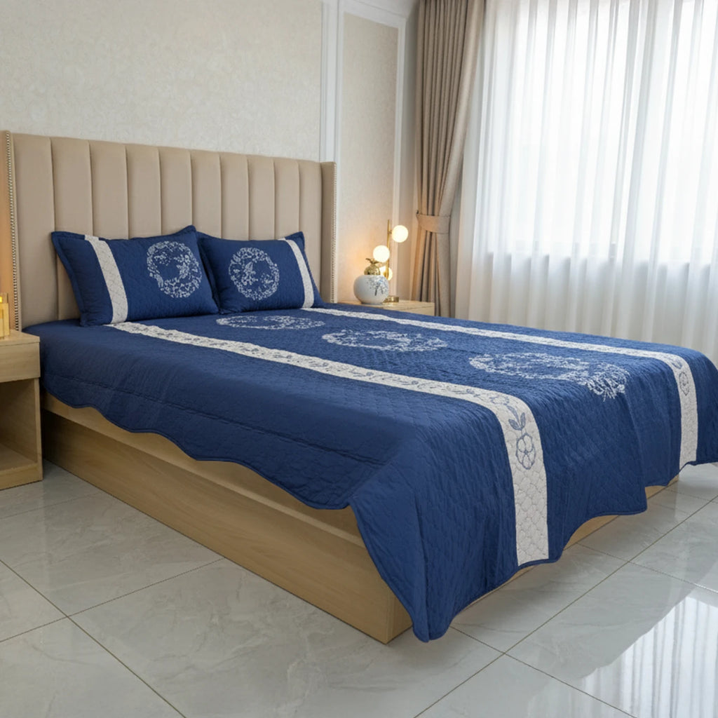 Navy Blue Embroidered Quilted Cotton Bed Sheet Set