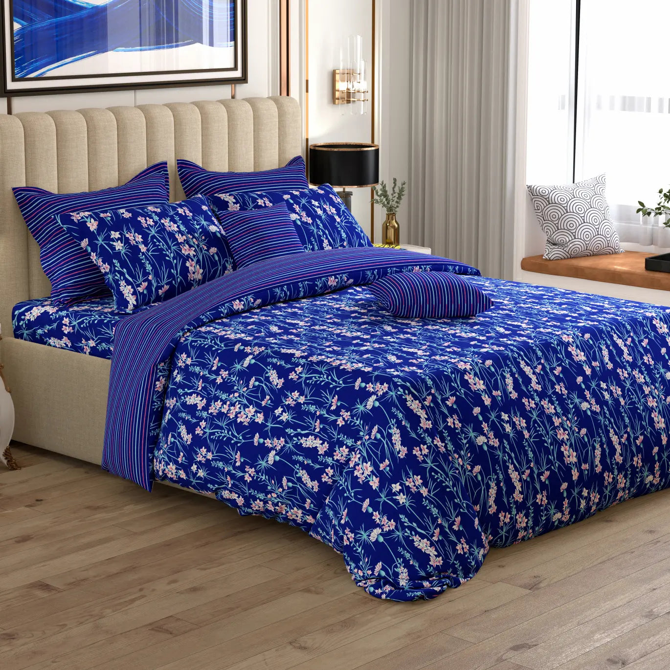 Xara 8 pcs king reversible quilt cover set bedsheet 9002-03 (Blue)