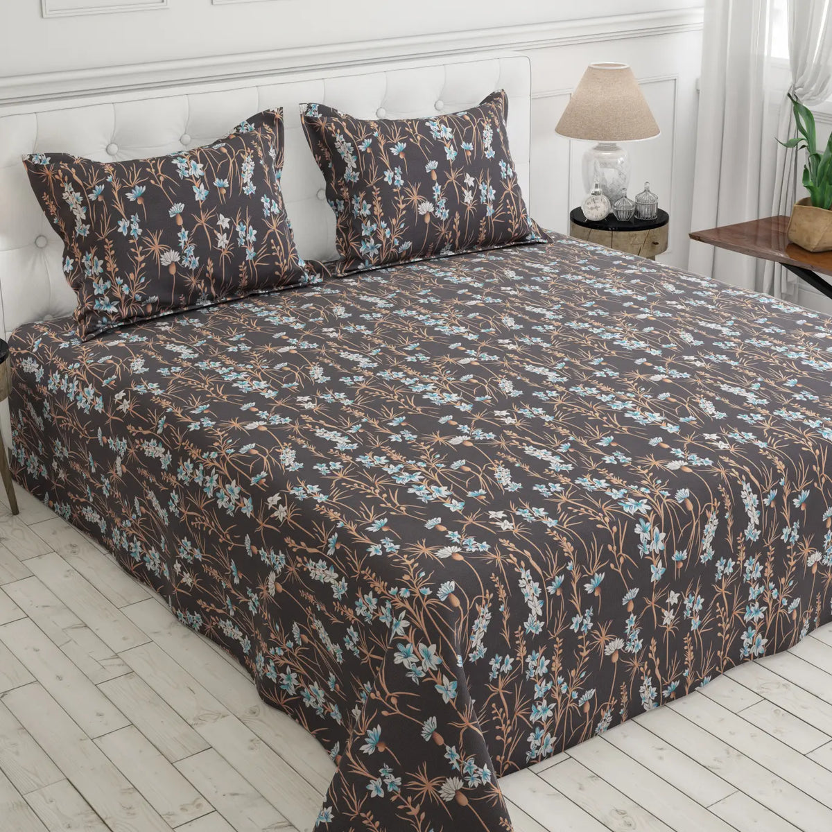 DARK FLORAL SATEEN BED SHEET