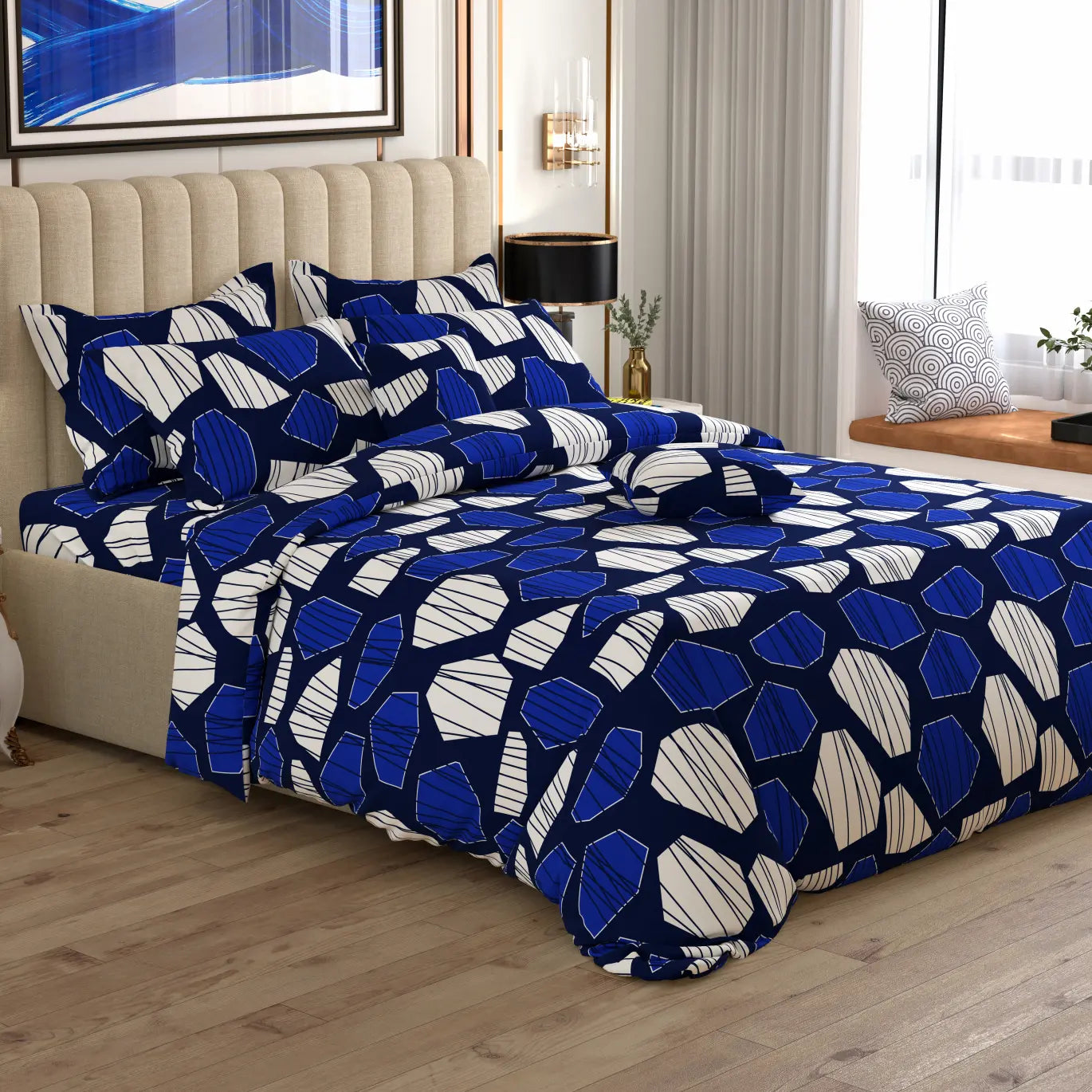 Sateen 8 Pcs King Quilt Cover Set Bedsheet 9081-Blue