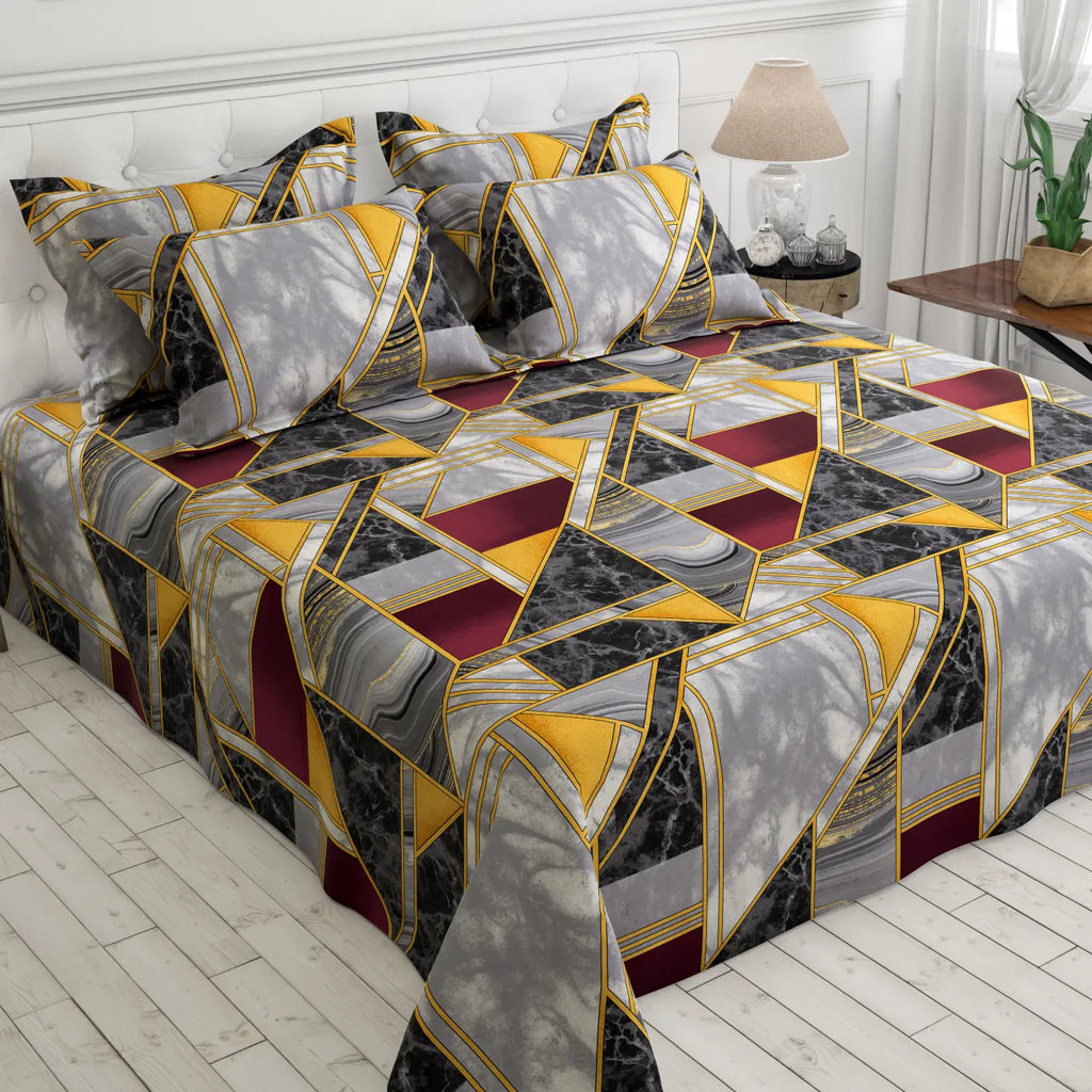 Grey Marble Geometric Sateen Bed Sheet Set
