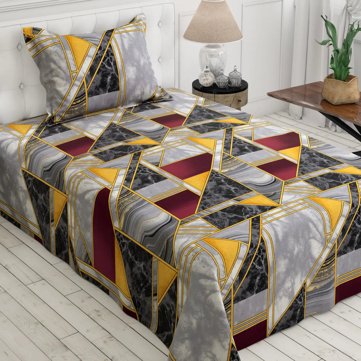 Grey Marble Geometric Sateen Bed Sheet Set