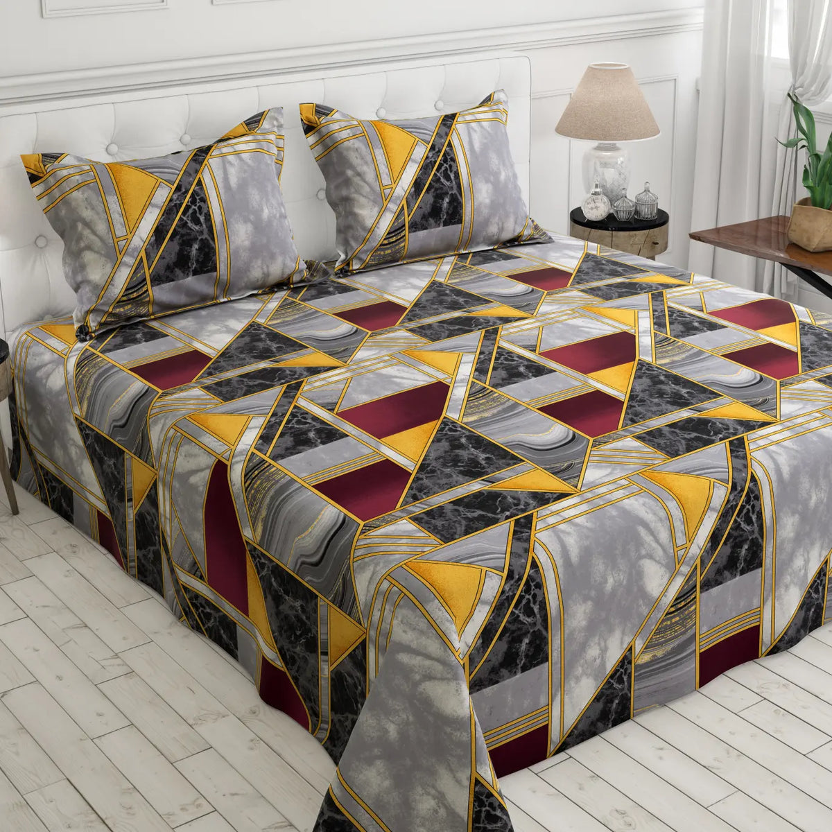 Grey Marble Geometric Sateen Bed Sheet Set