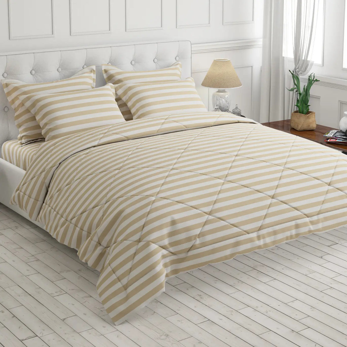 CLASSIC BEIGE STRIPE SATEEN 6-Pcs COMFORTER SET