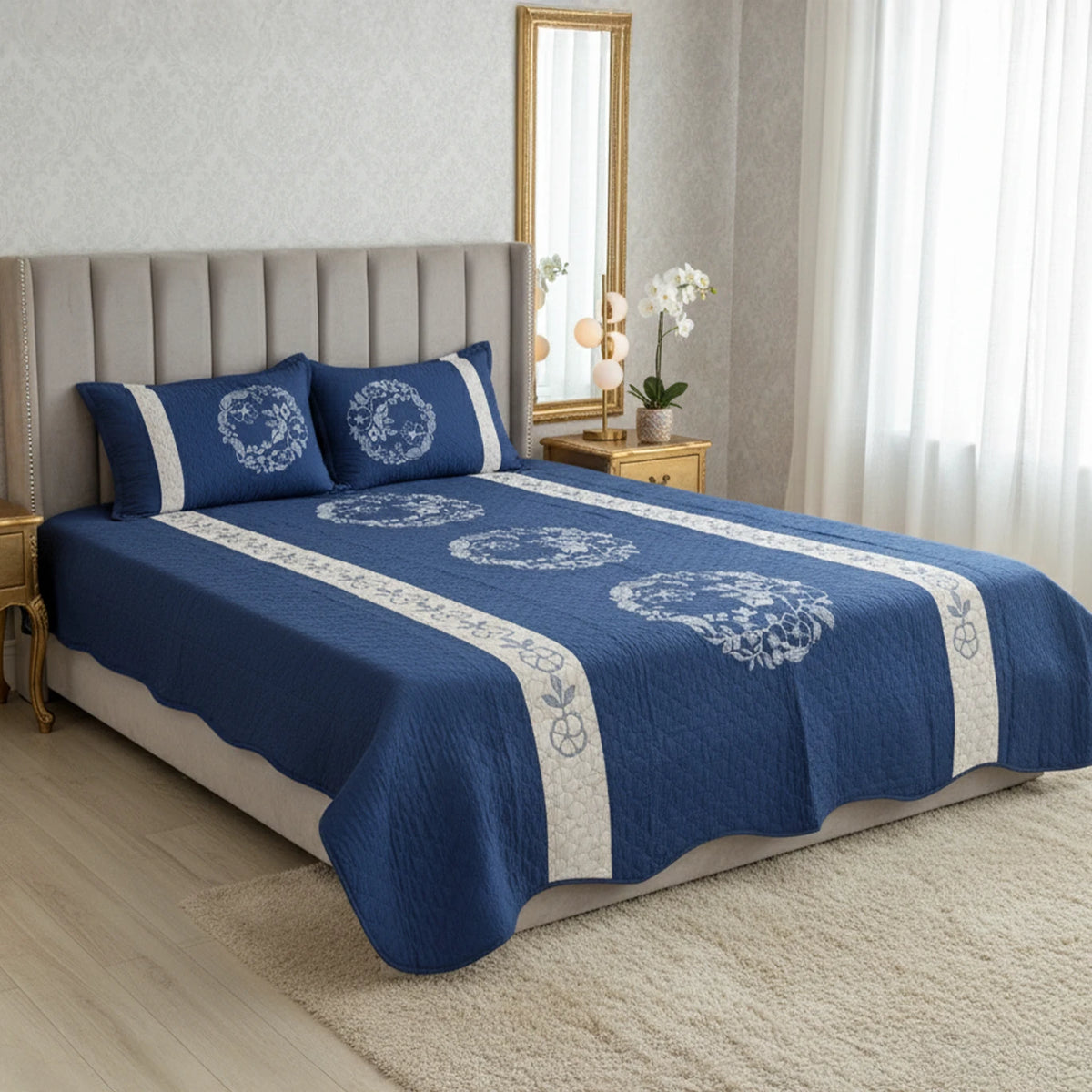 Navy Blue Embroidered Quilted Cotton Bed Sheet Set