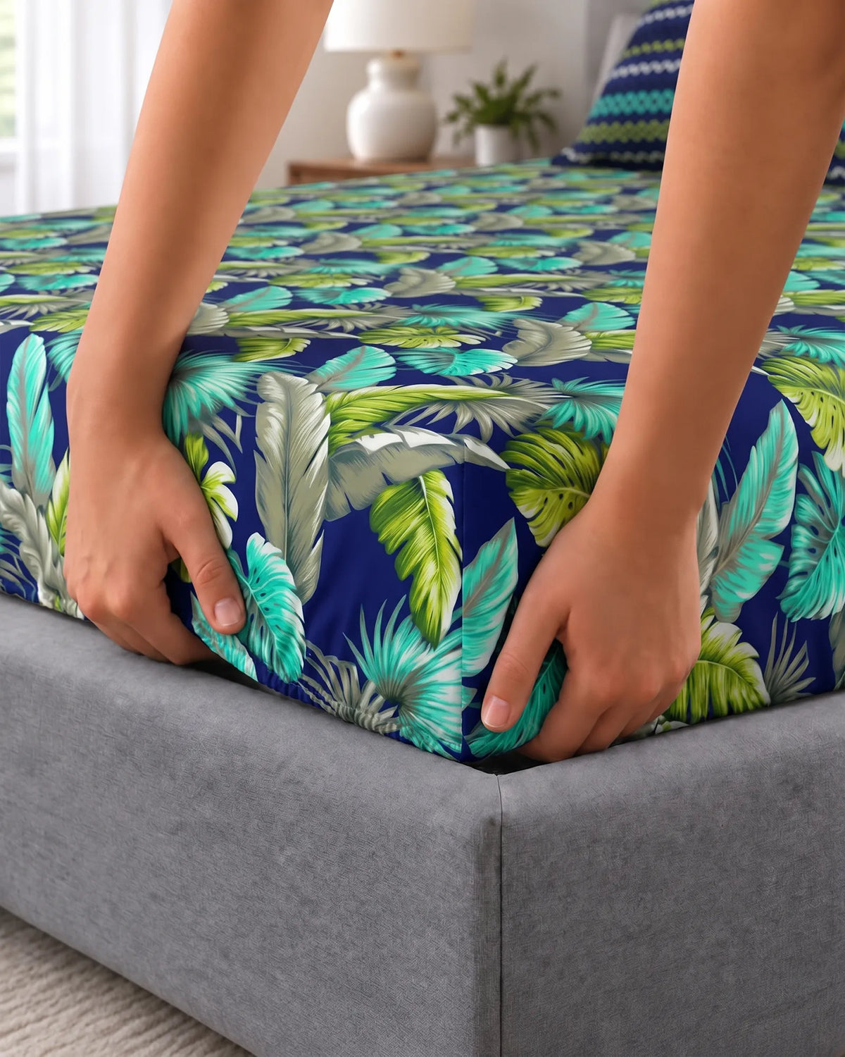 AQUA AND LIME FERN PRINT Xara Fitted Bed Sheet Set