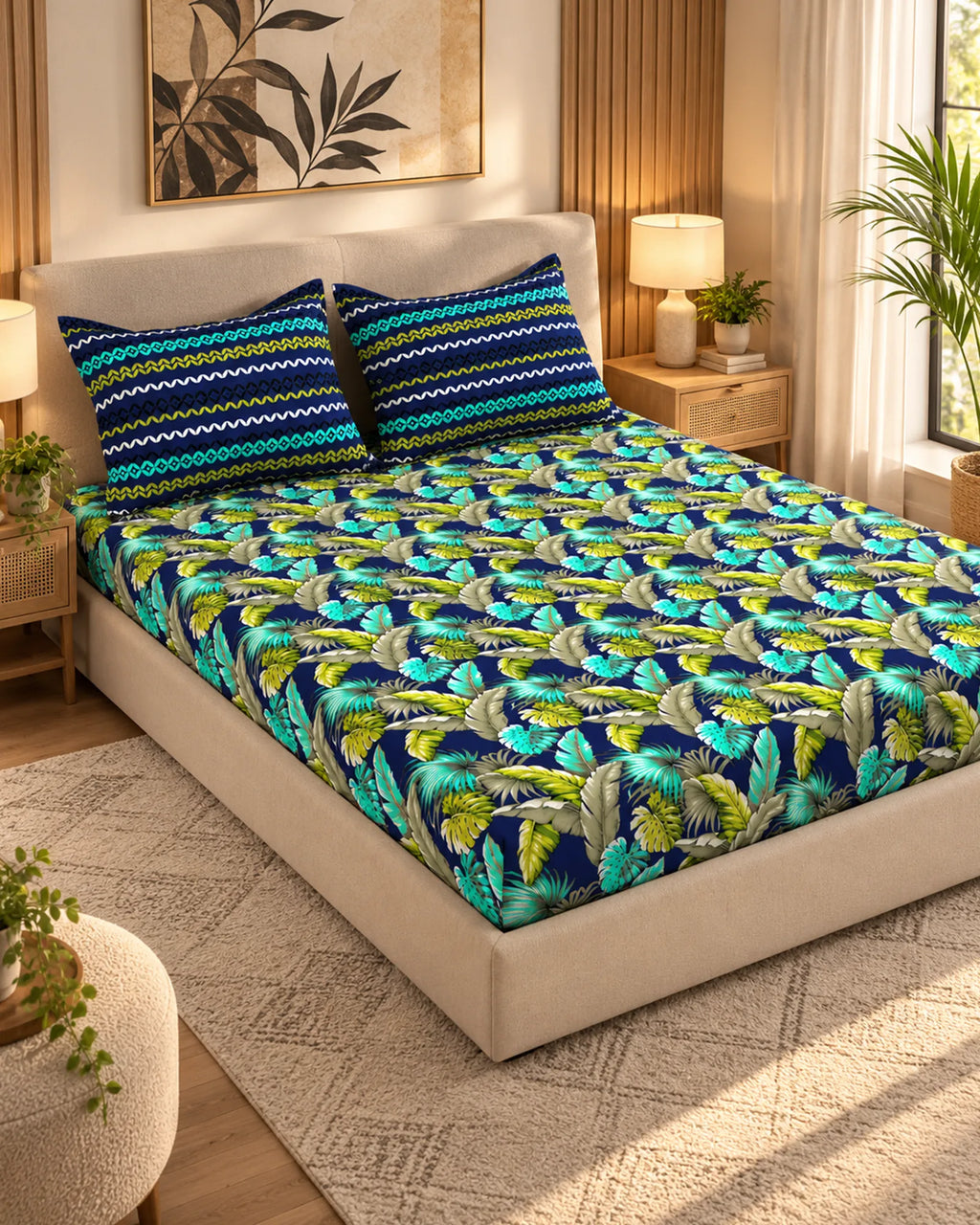 AQUA AND LIME FERN PRINT Xara Fitted Bed Sheet Set