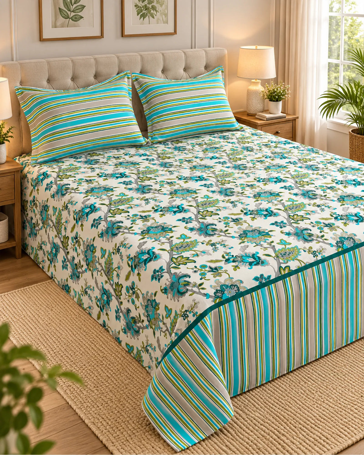 A floral and striped bedding set on a bed in a styled bedroom, featuring a cream background with blue and green floral print and matching striped pillows and bed skirt. Main image