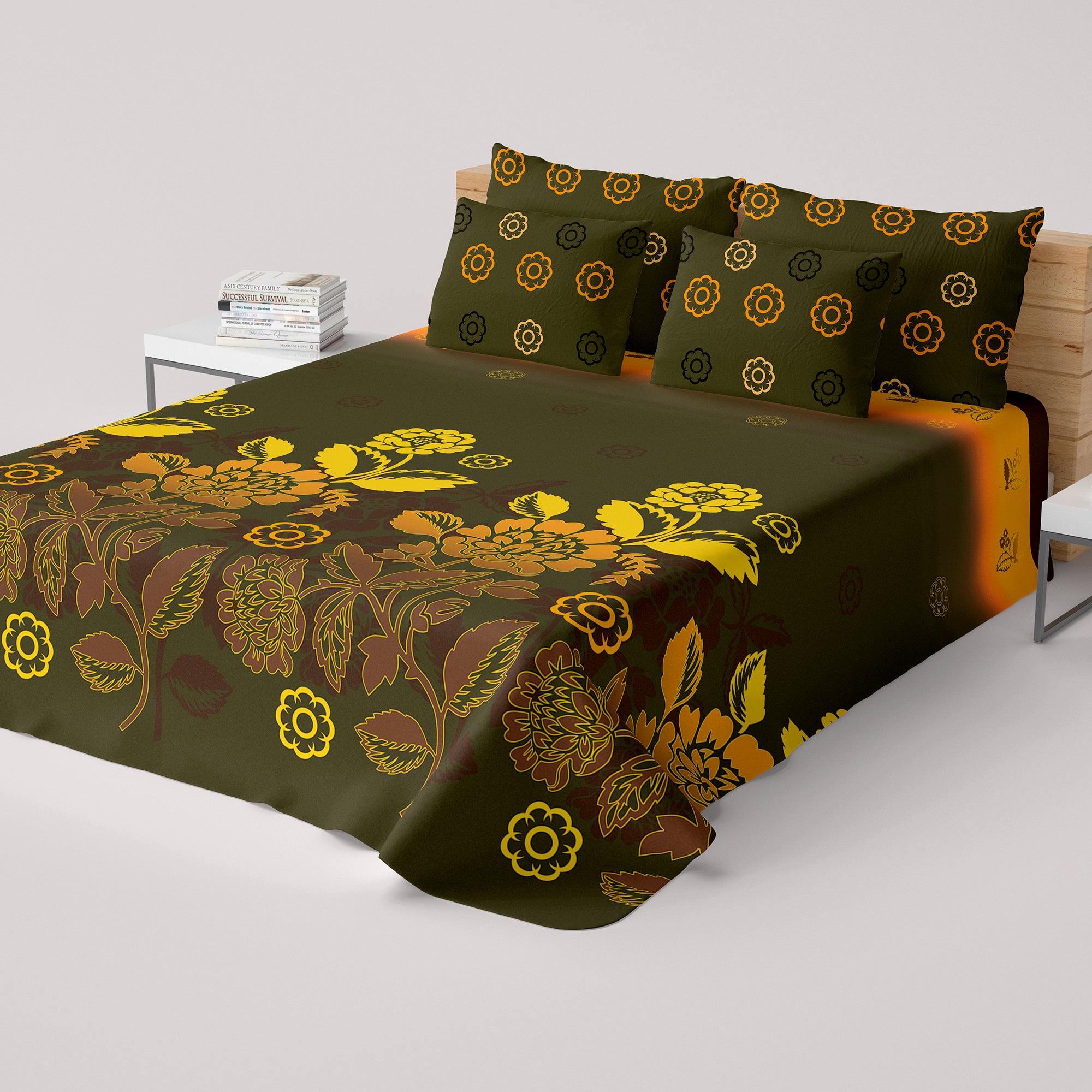 Green Floral Sateen Bed Sheet Set - 7023