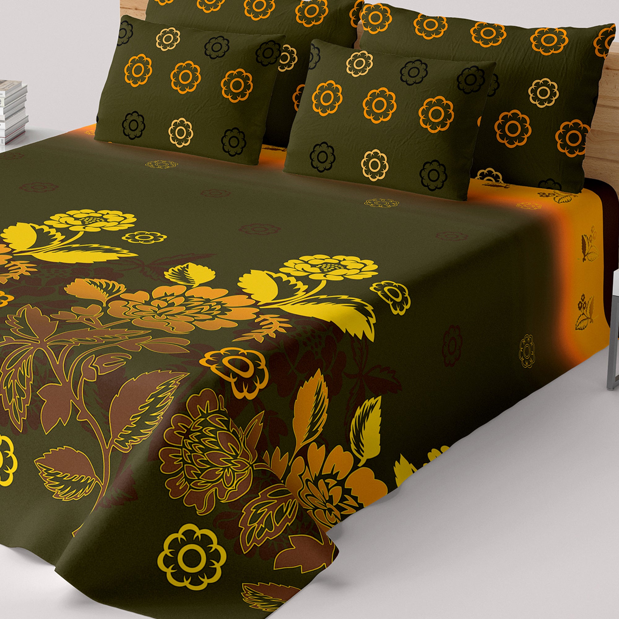 Green Floral Sateen Bed Sheet Set - 7023