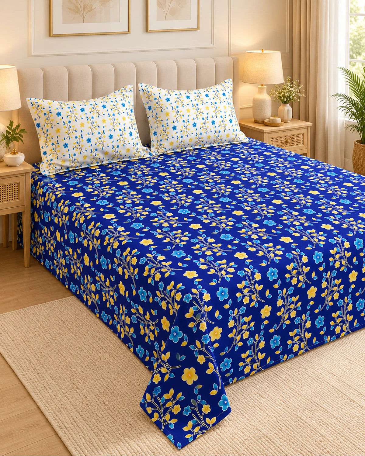A blue floral bedspread set with two matching pillowcases on a bed in a styled bedroom. The bedspread features a vibrant royal blue base with a repeating pattern of yellow and light blue flowers and green stems. Main image