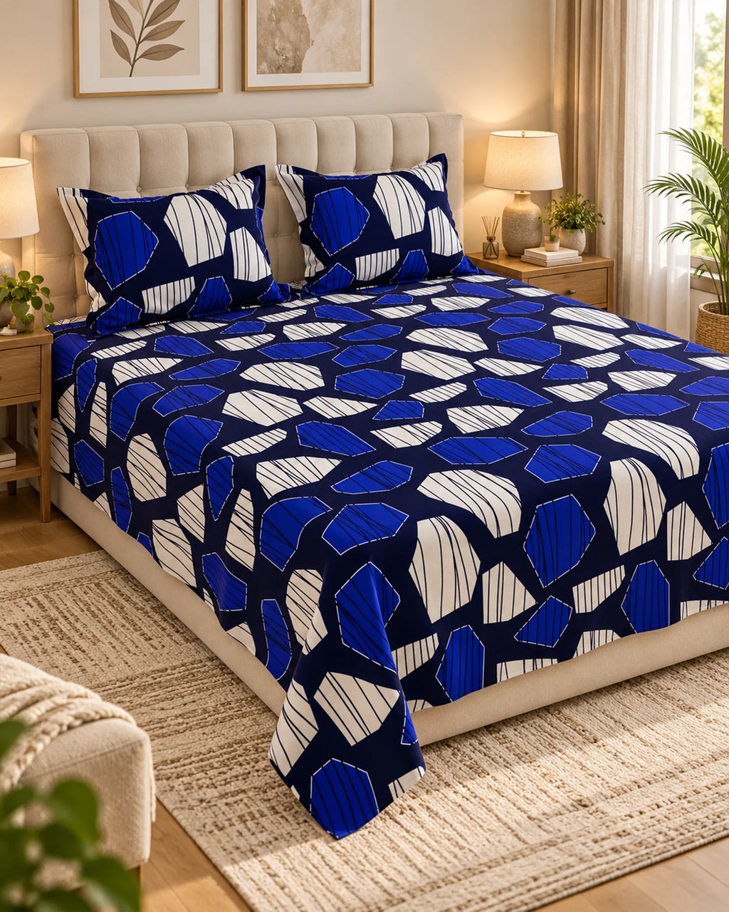 A bed dressed in a blue and white geometric patterned bedspread and matching pillowcases, styled in a warm, modern bedroom setting with bedside tables, lamps, and a rug.