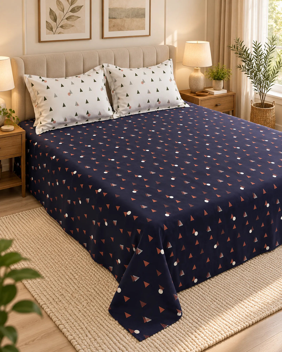 A neatly made bed in a warm, styled bedroom setting, featuring a navy blue bedspread with a repeating pattern of small white, beige, and brown geometric shapes, accompanied by two matching white pillowcases with a dark geometric print. Main image