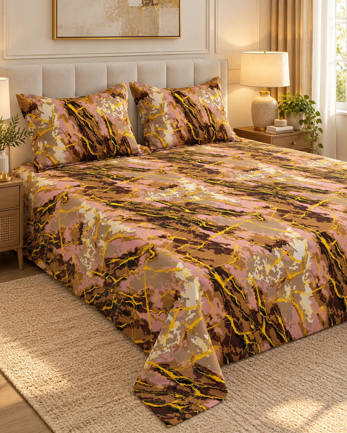 A bed dressed in a pink, gold, and brown abstract marble-patterned bedding set, including a comforter and two matching pillowcases, styled in a warm, modern bedroom setting. Main image