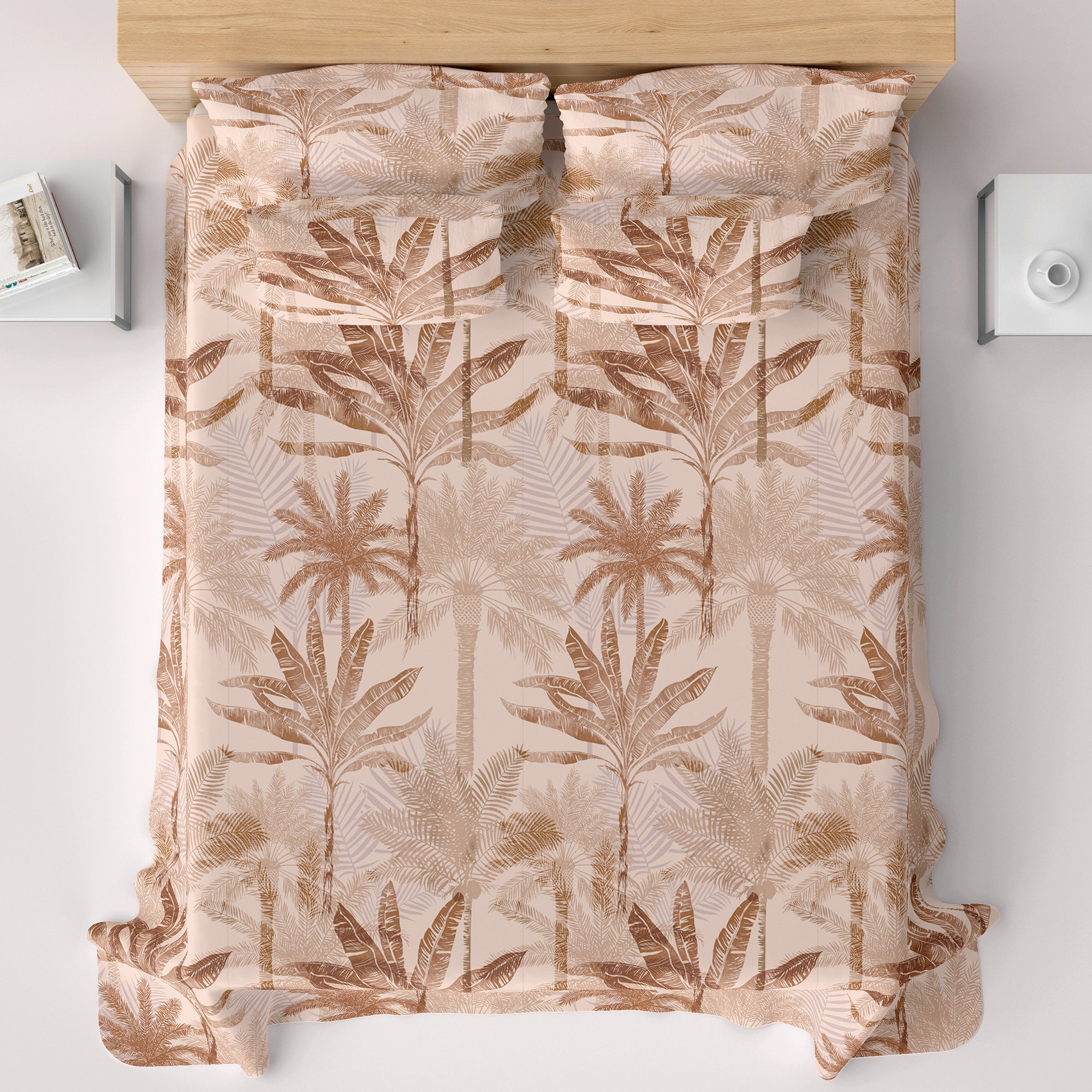 Beige Palm Tree Sateen Bed Sheet Set - 8206