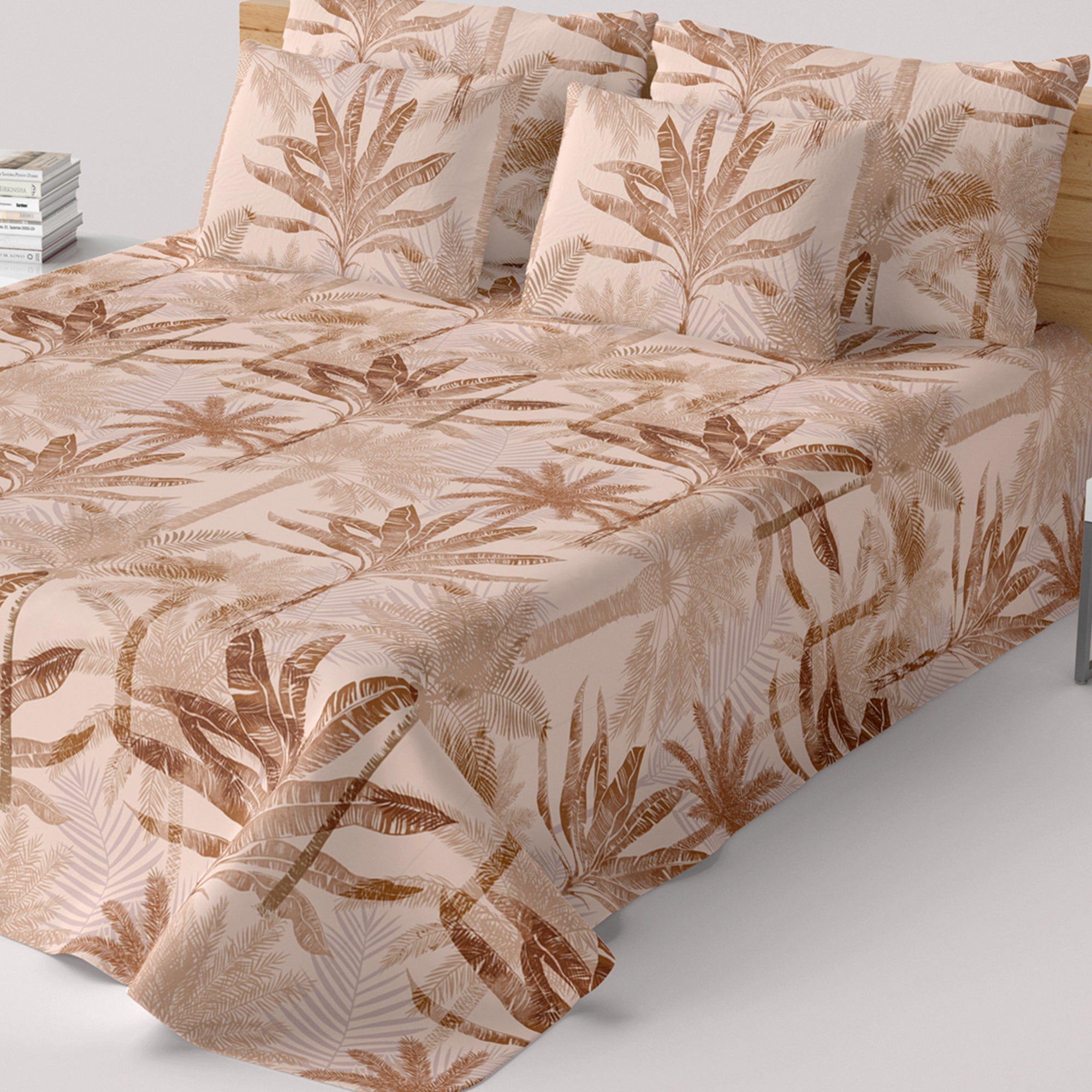 Beige Palm Tree Sateen Bed Sheet Set - 8206