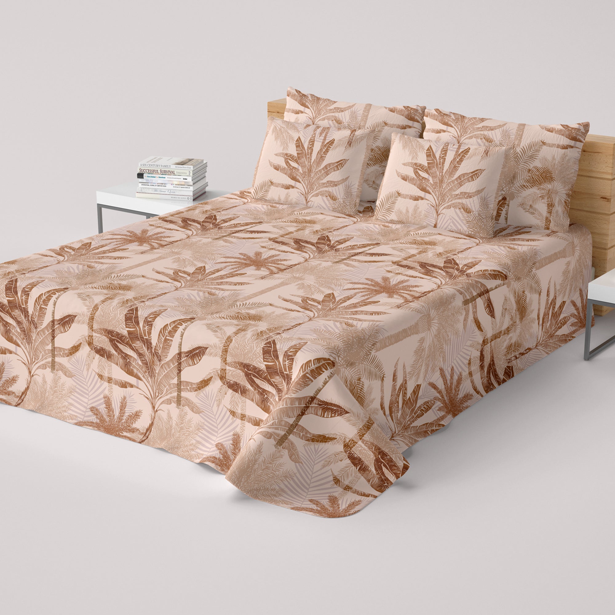 Beige Palm Tree Sateen Bed Sheet Set - 8206