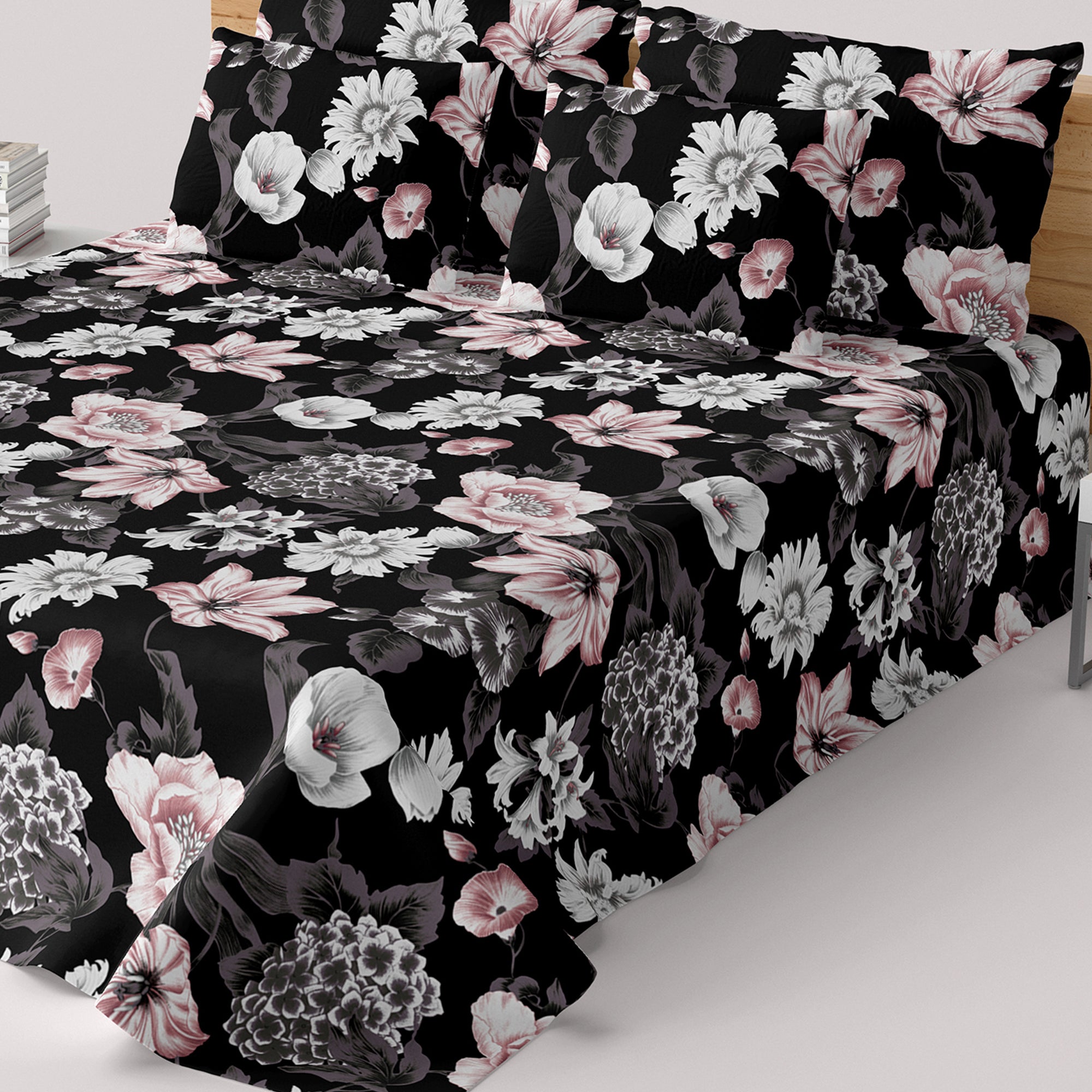 Black Floral Sateen Bed Sheet Set - 6331-6571