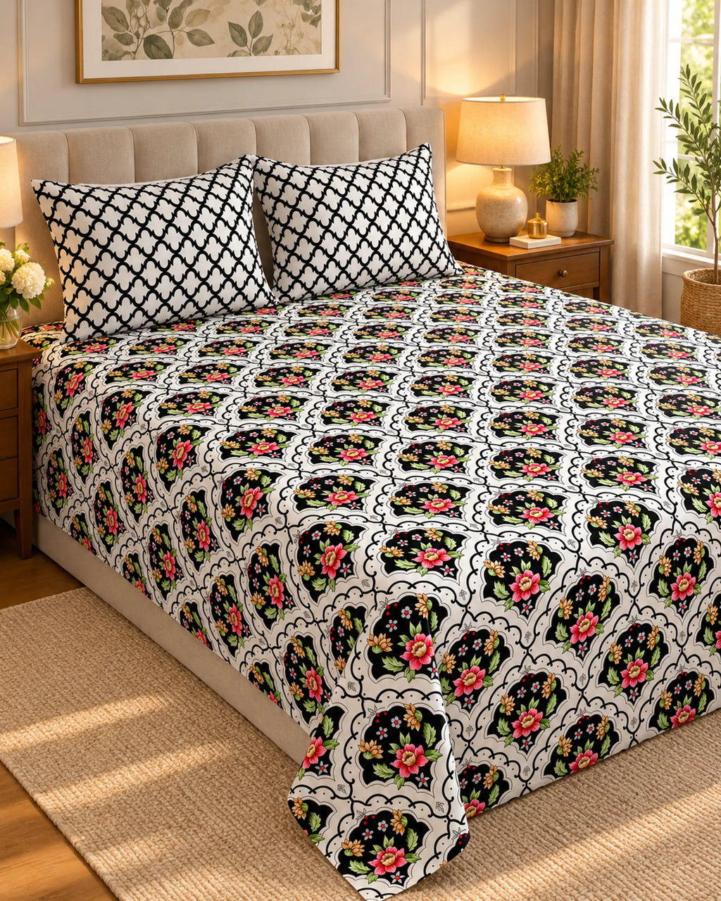 Black Floral Trellis Xara Bed Sheet Set