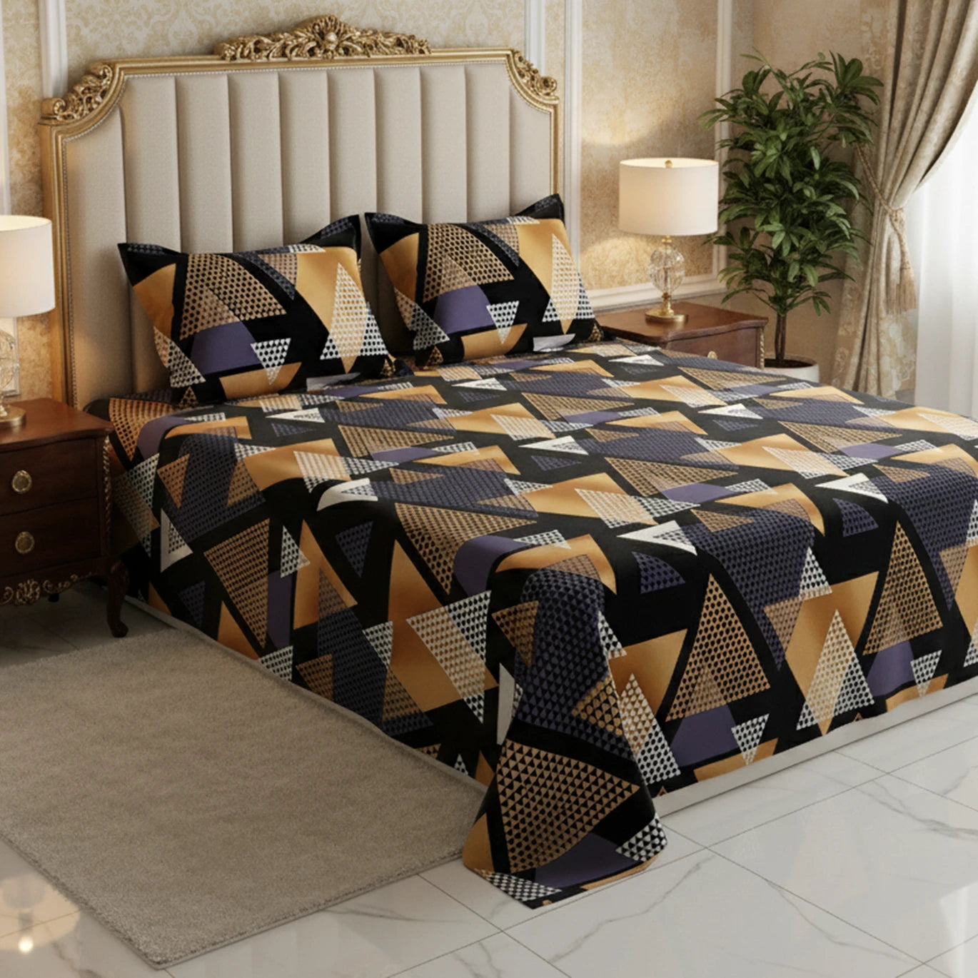 Black Geometric Sateen Bed Sheet Set - 8280