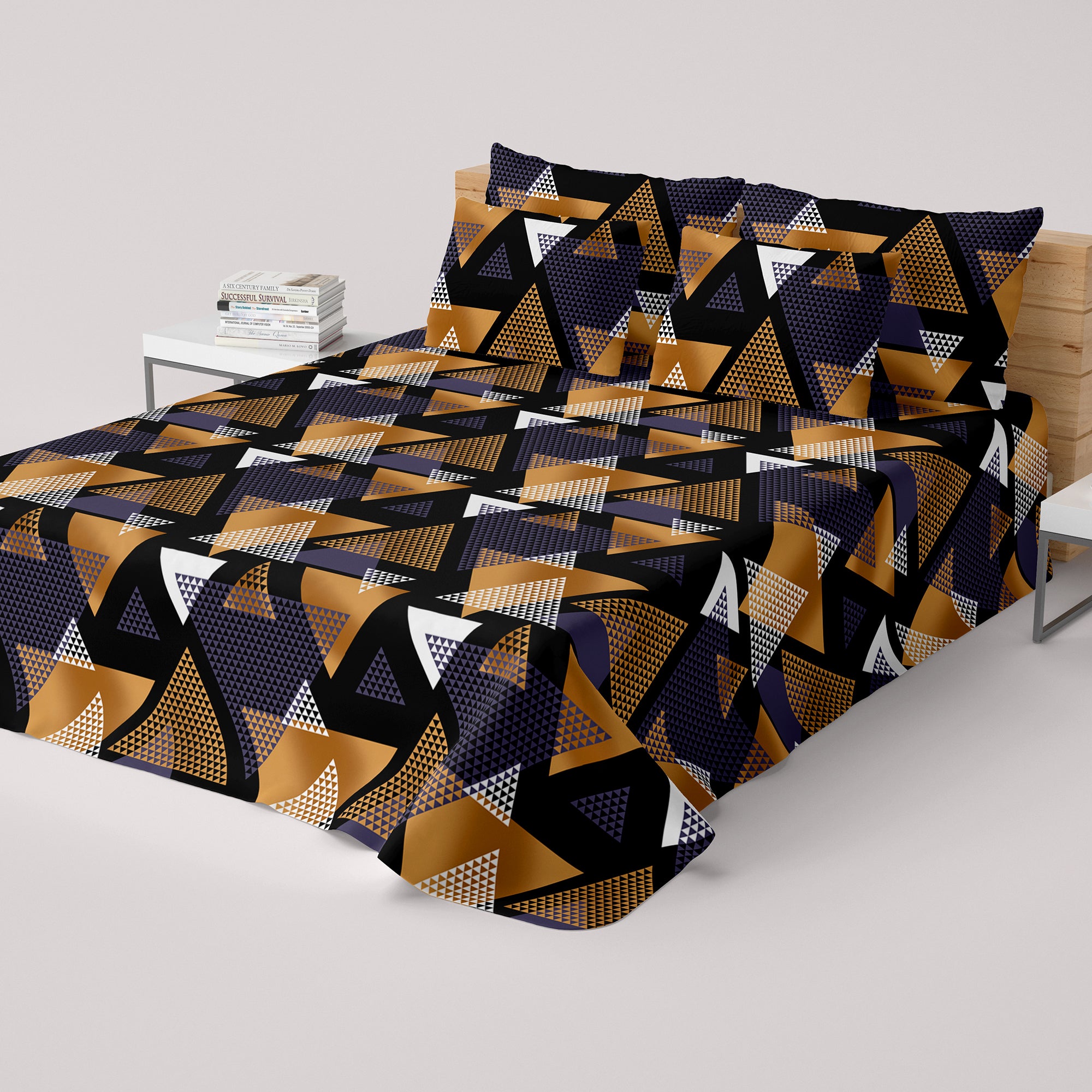 Black Geometric Sateen Bed Sheet Set - 8280