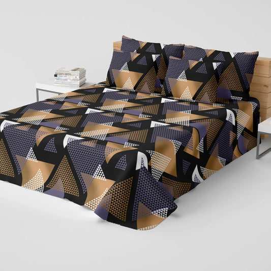 Black Geometric Sateen Bed Sheet Set - 8280