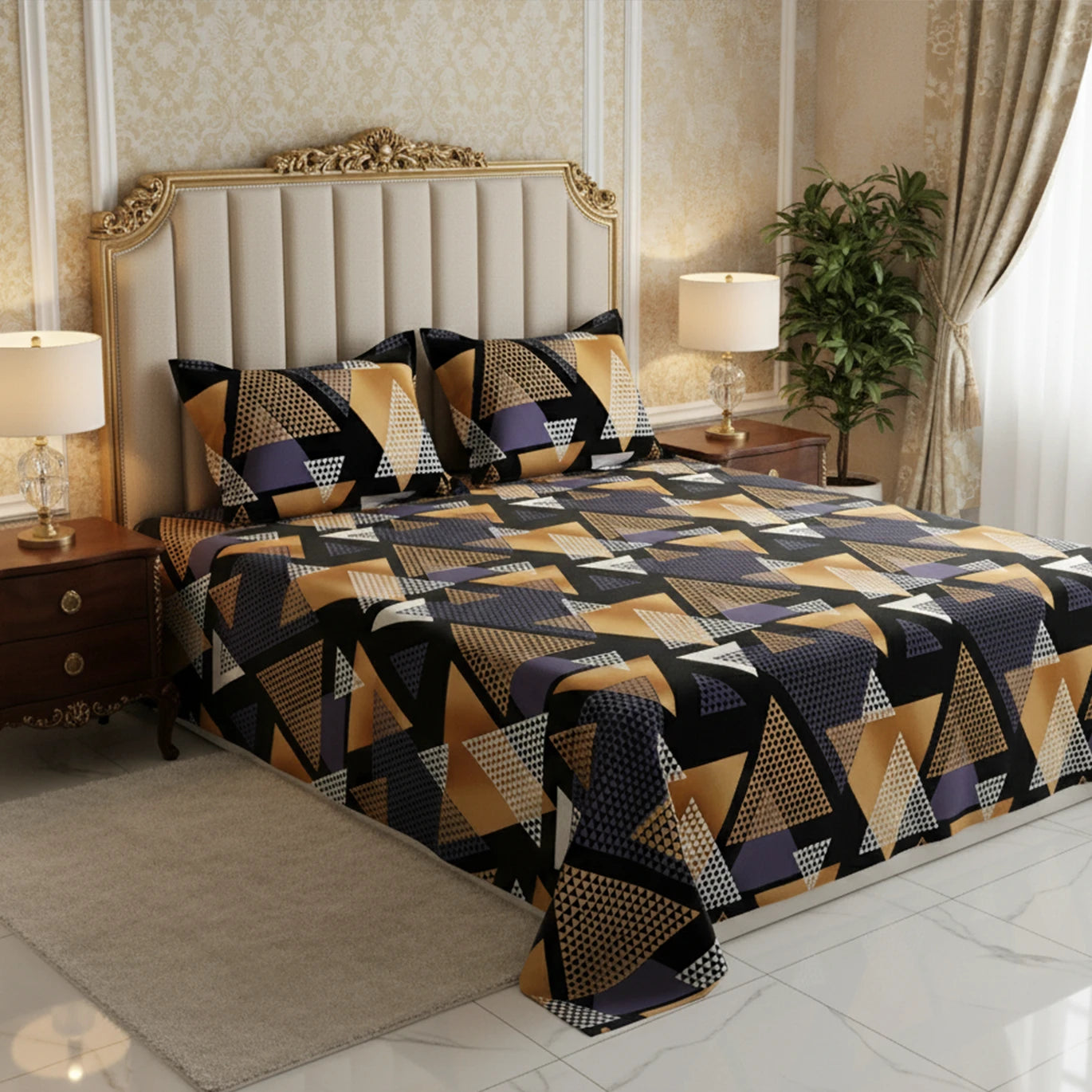 Black Geometric Sateen Bed Sheet Set - 8280