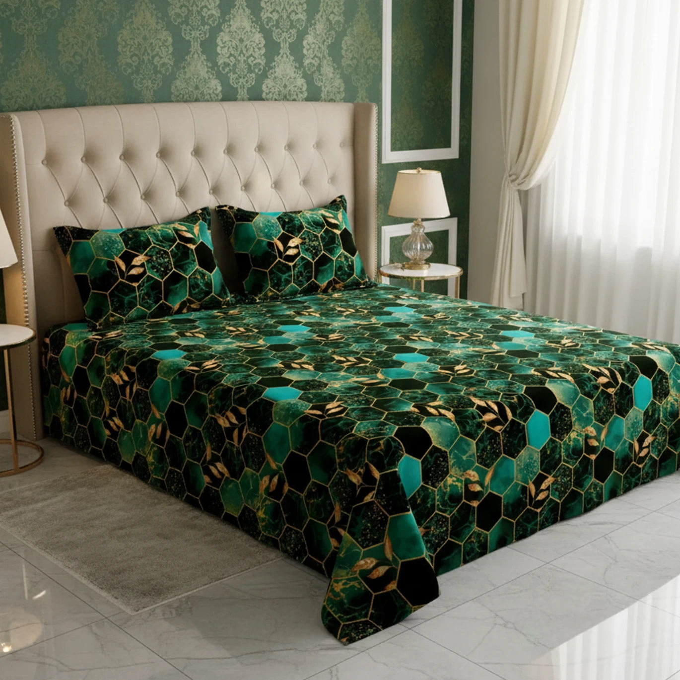 Black Hexagonal Marble Effect Bed Sheet Set with Gold Accents by Sateen - 8314