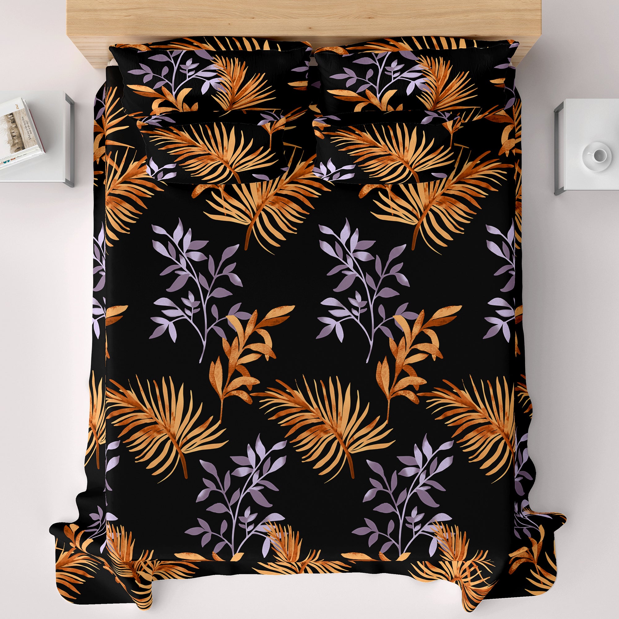 Black Leaves Sateen Bed Sheet Set - 6452(B)