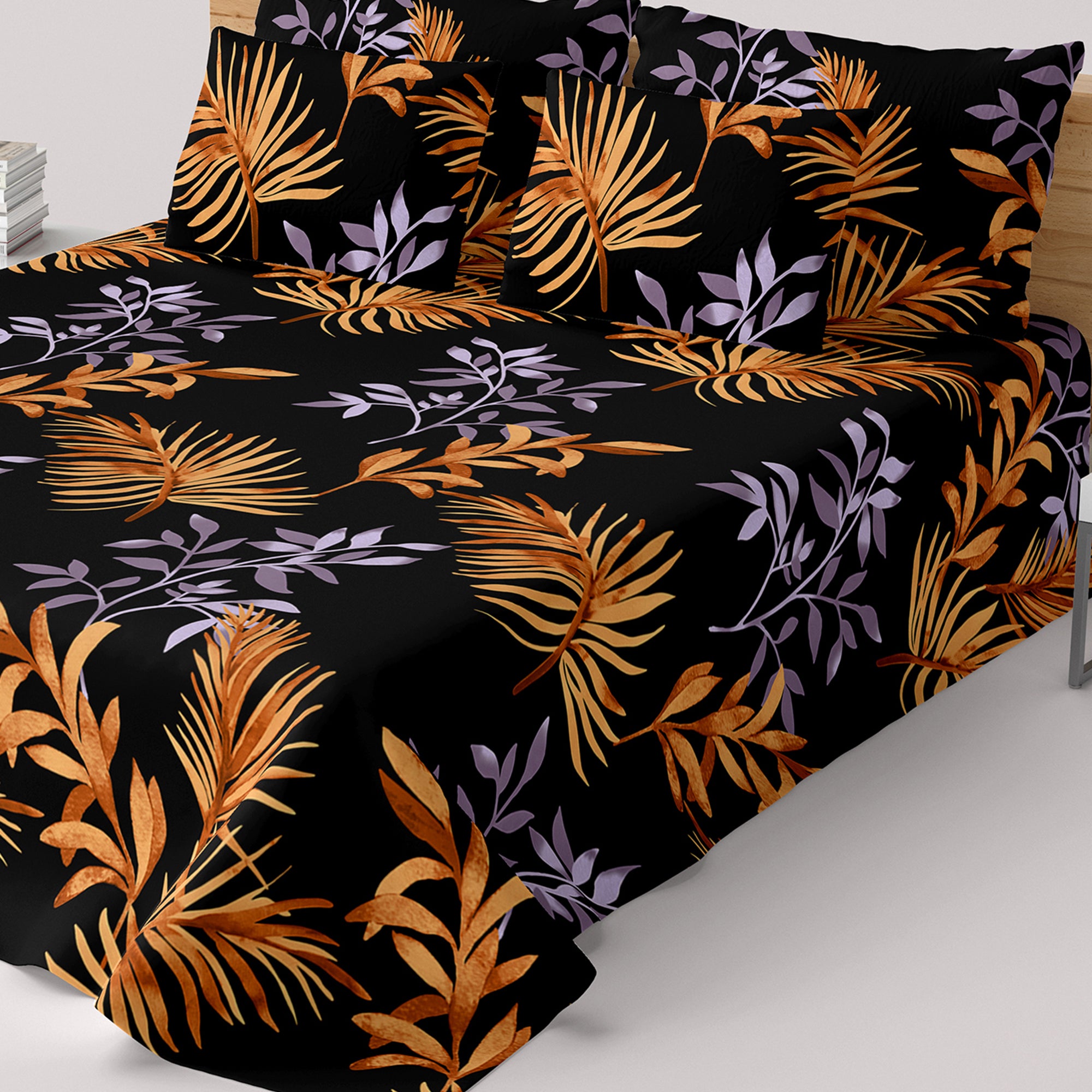 Black Leaves Sateen Bed Sheet Set - 6452(B)