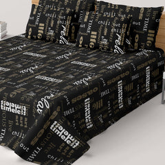 Black Sateen Bed Sheet Set with Written Design - 7583