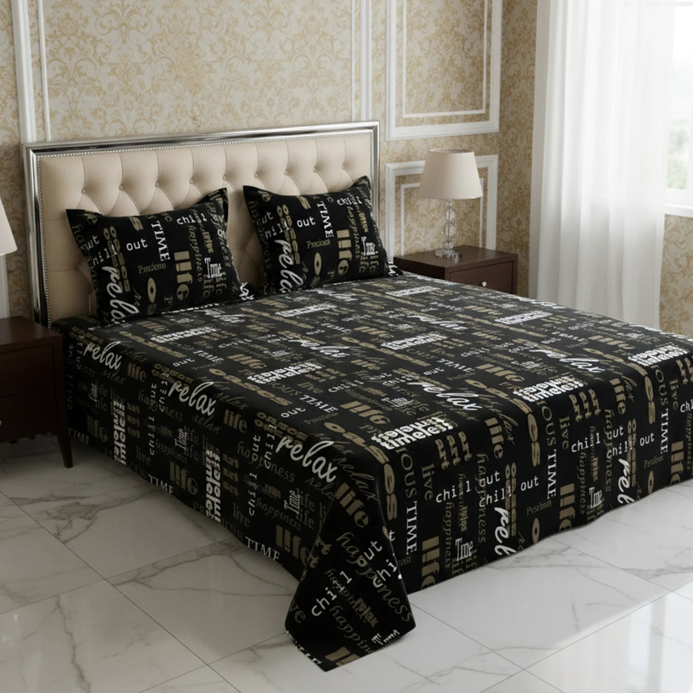 Black Sateen Bed Sheet Set with Written Design - 7583