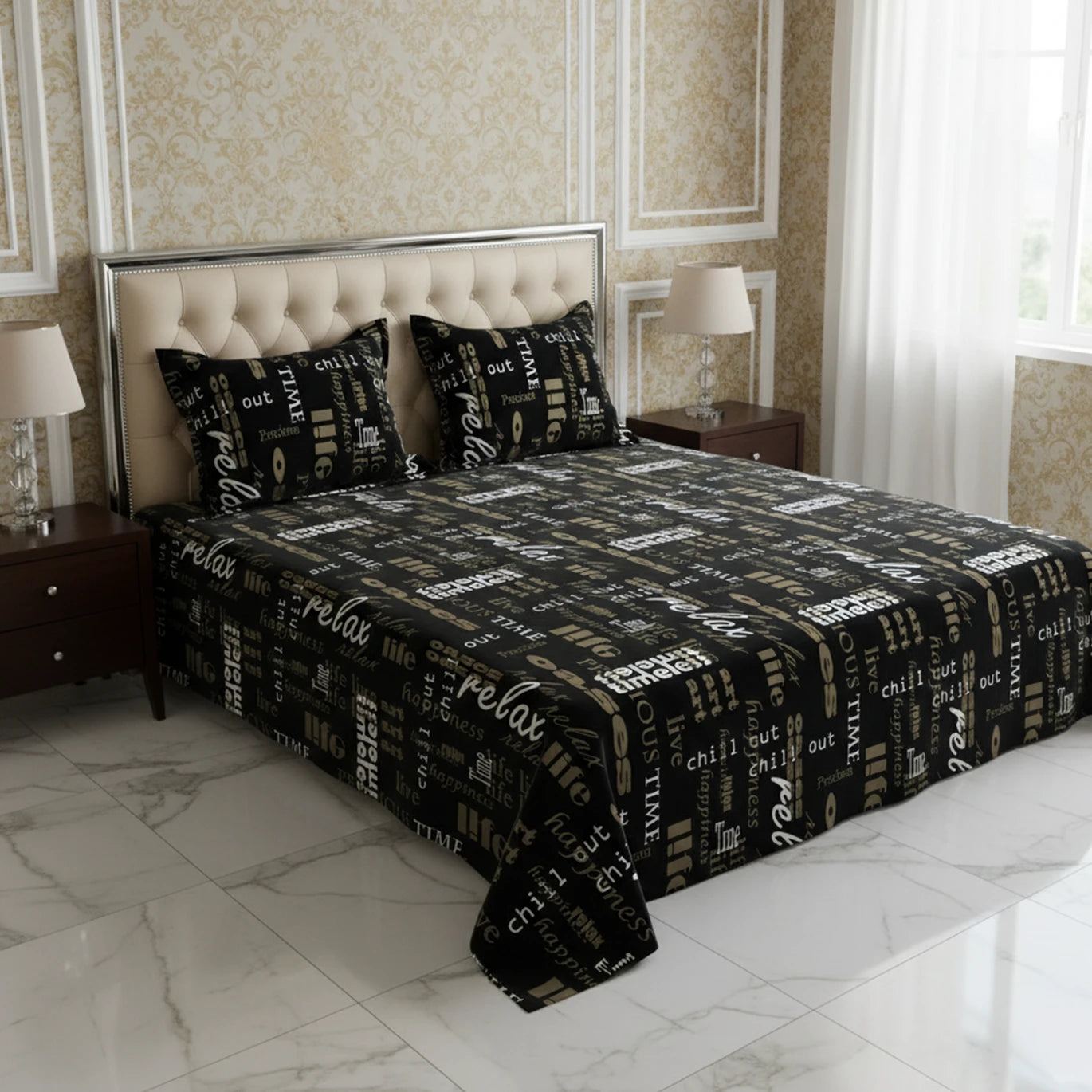 Black Sateen Bed Sheet Set with Written Design - 7583