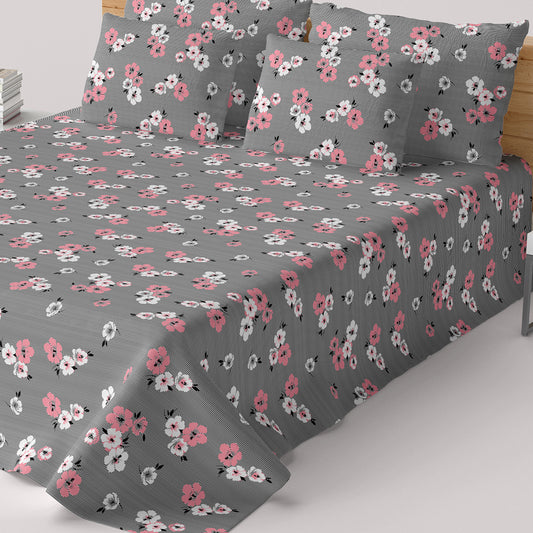 Black White Floral Sateen Bed Sheet Set - 5902