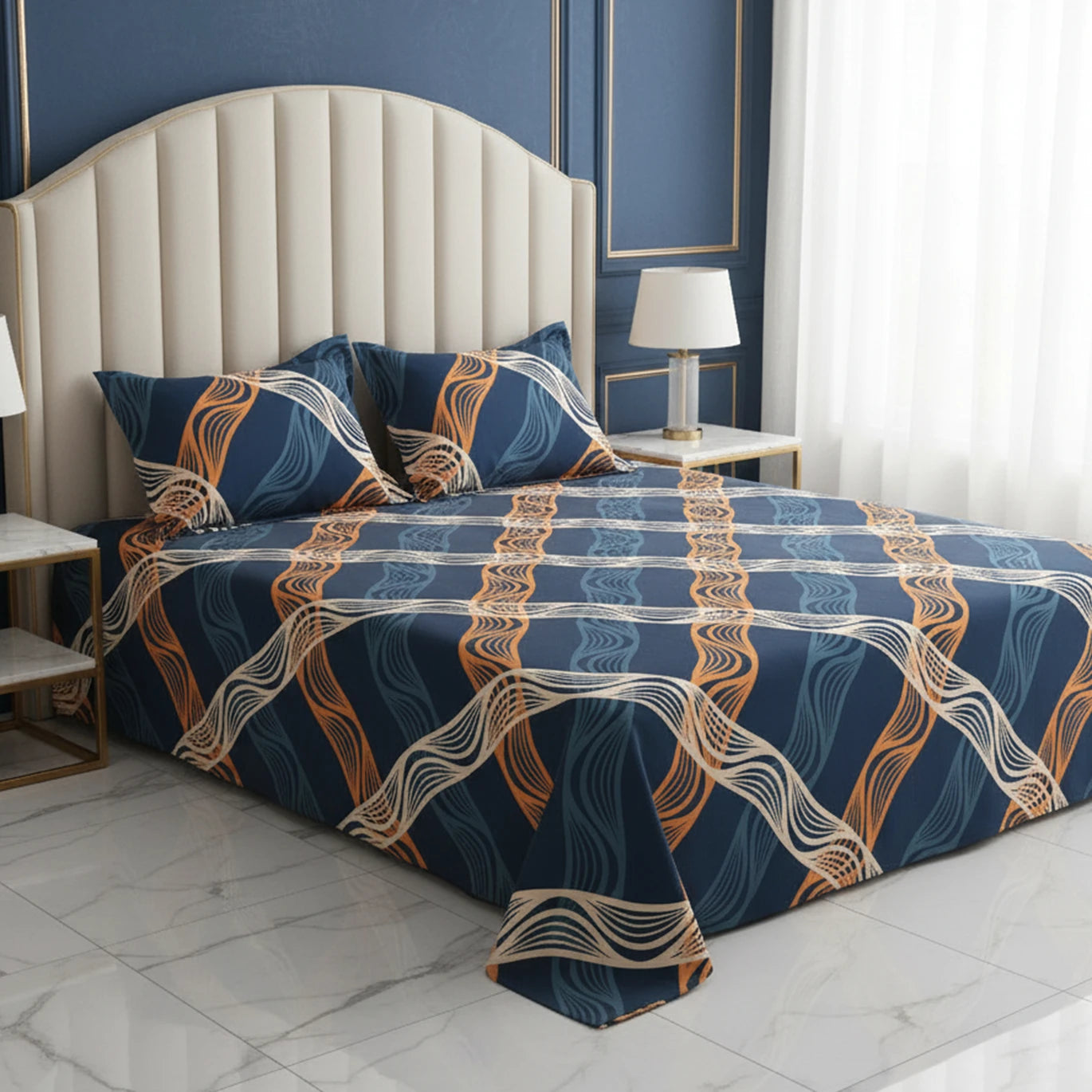 Blue Wavy Stripe Sateen Bed Sheet Set - 8313