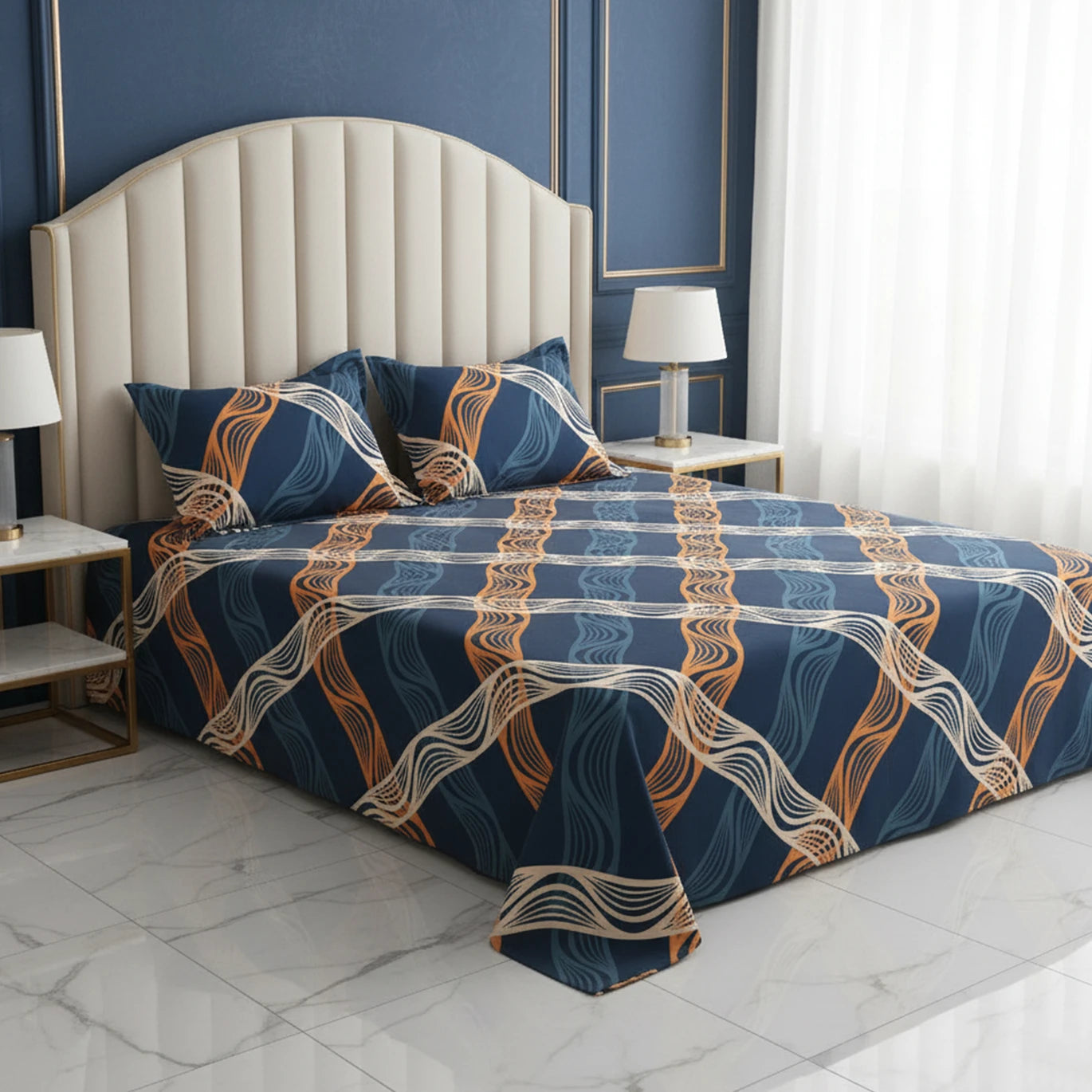 Blue Wavy Stripe Sateen Bed Sheet Set - 8313