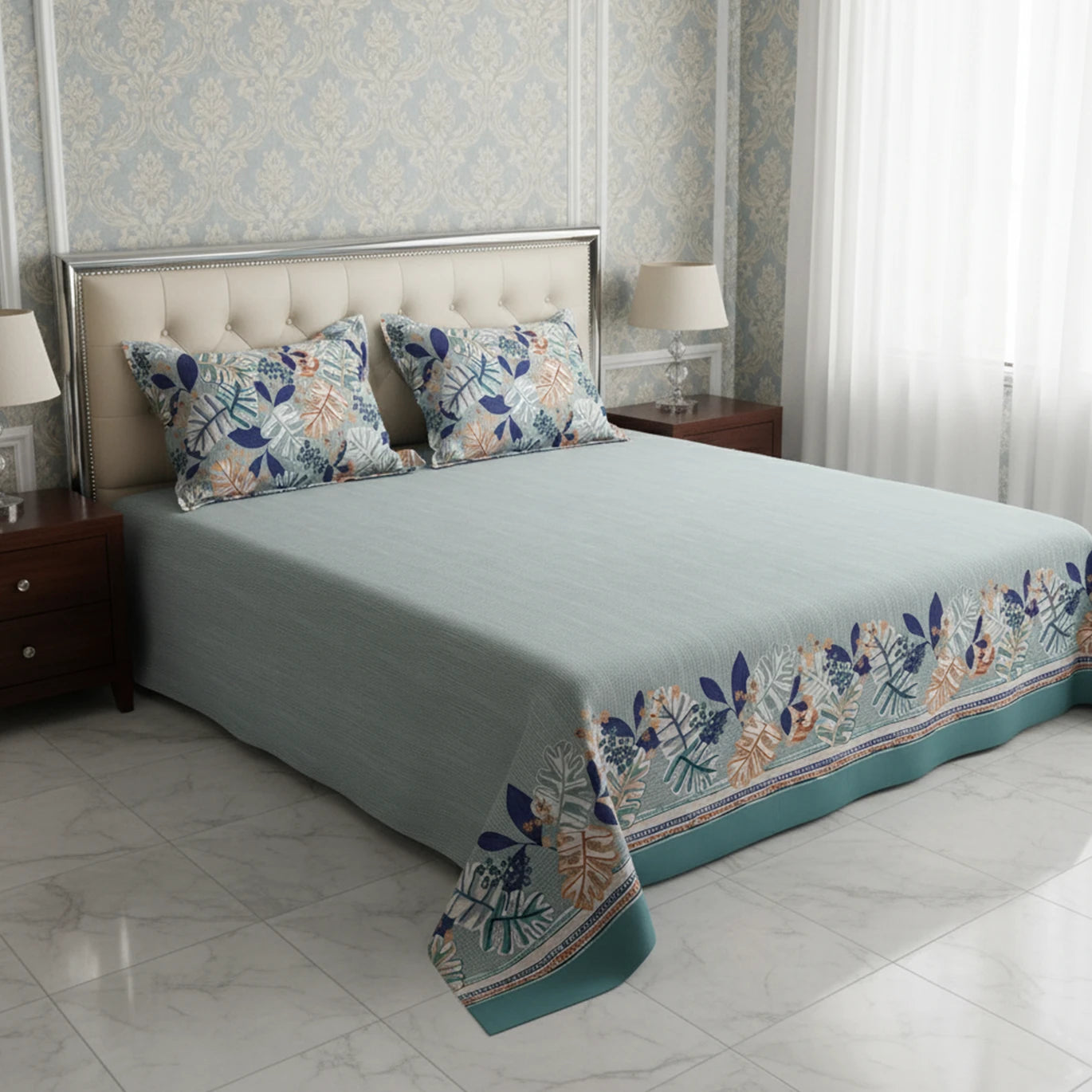 Bluish Grey Leaf Design Bed Sheet Set with Striped Border by Sateen - 7599