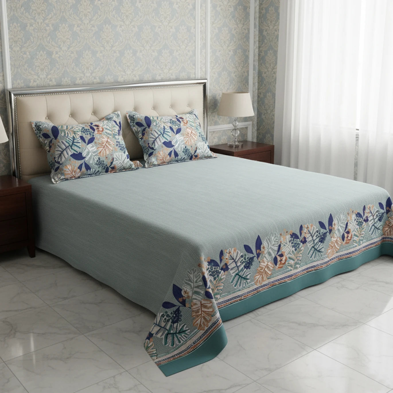 Bluish Grey Leaf Design Bed Sheet Set with Striped Border by Sateen - 7599