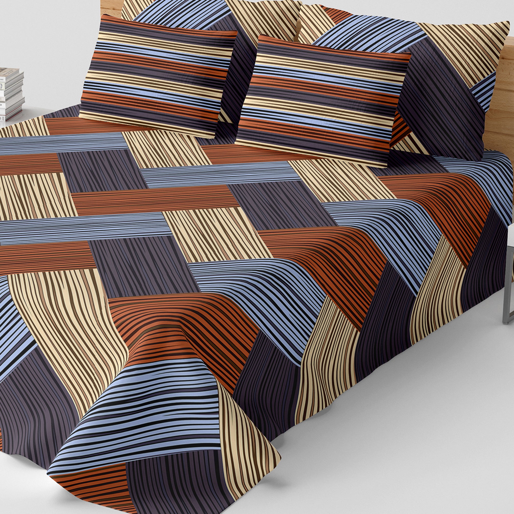 Brown Geometric Grid Bed Sheet Set with Striped Pillows in Sateen - 7400