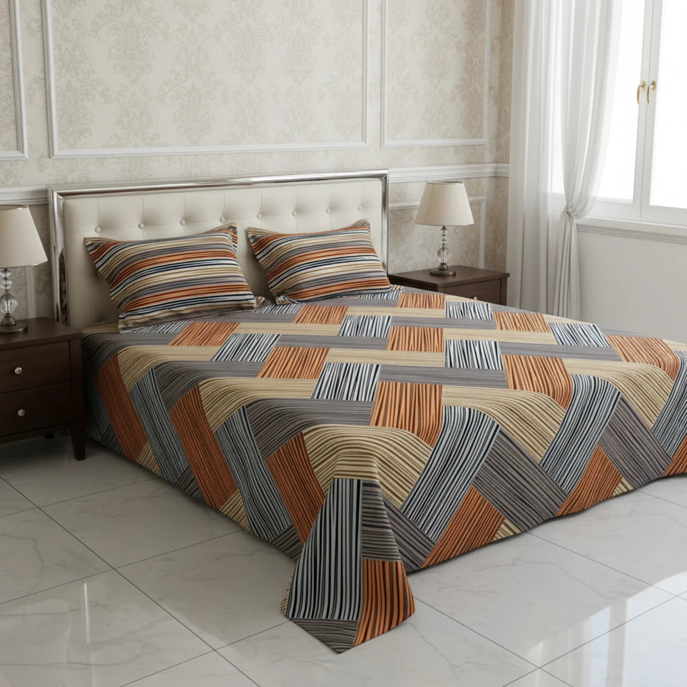 Brown Geometric Grid Bed Sheet Set with Striped Pillows in Sateen - 7400