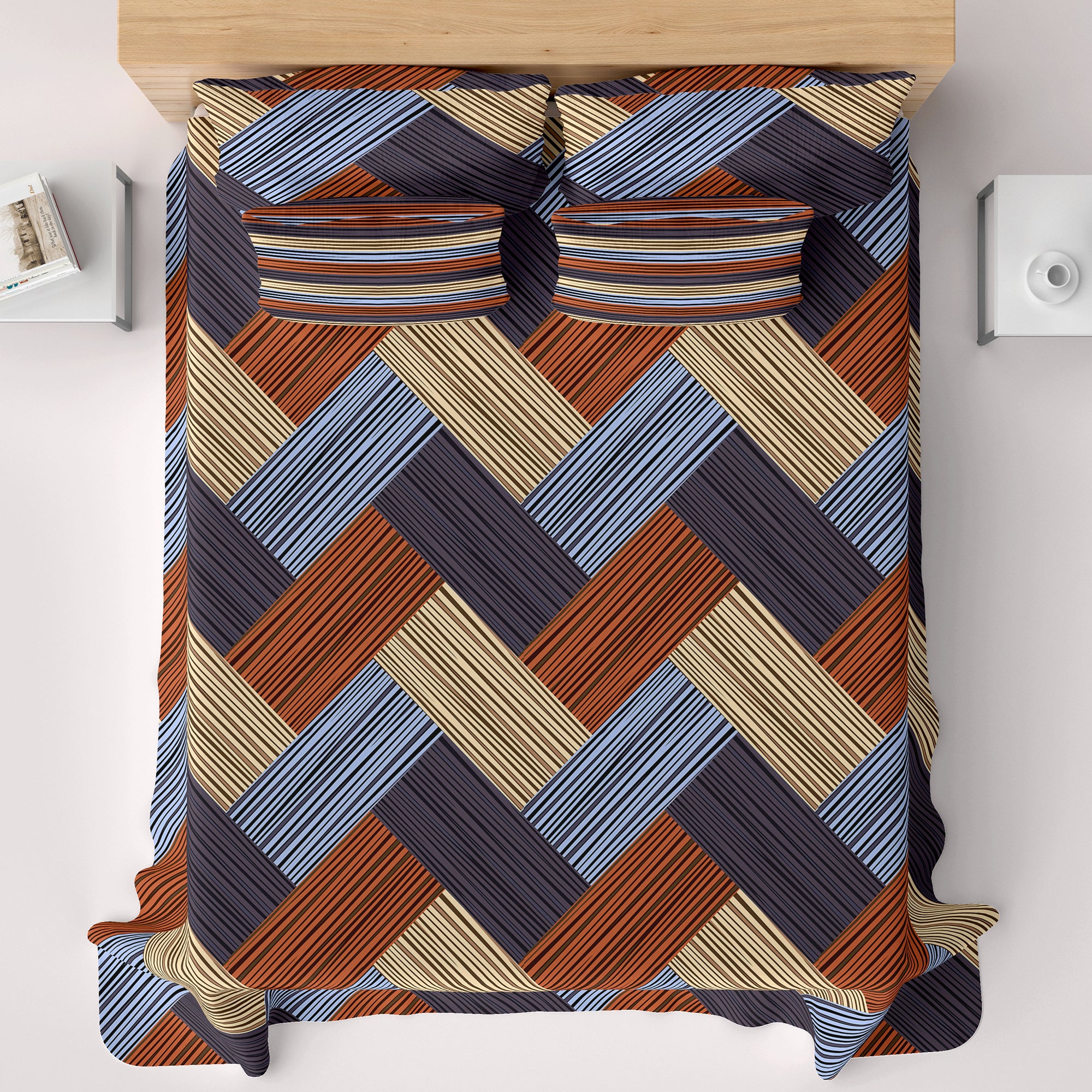 Brown Geometric Grid Bed Sheet Set with Striped Pillows in Sateen - 7400