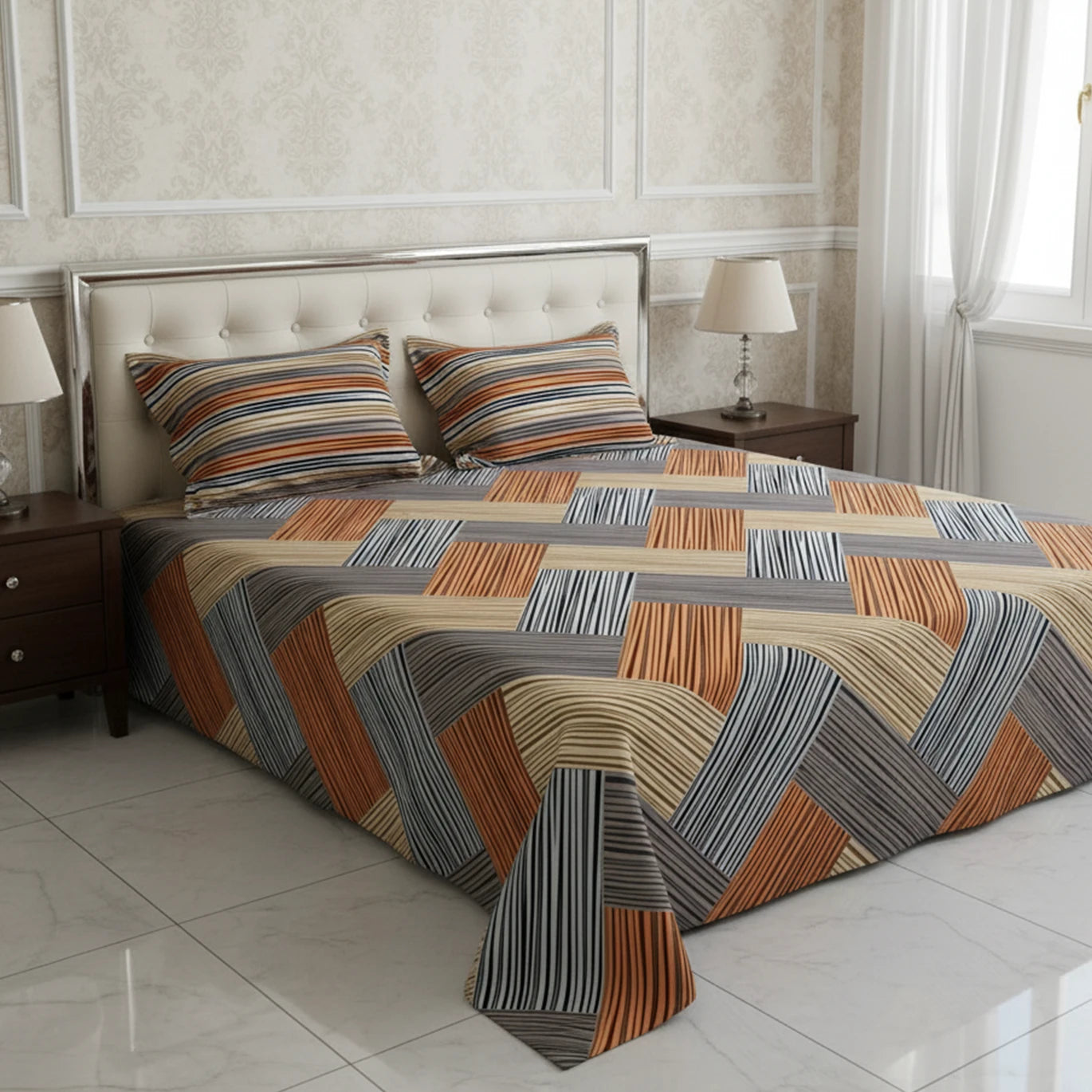 Brown Geometric Grid Bed Sheet Set with Striped Pillows in Sateen - 7400