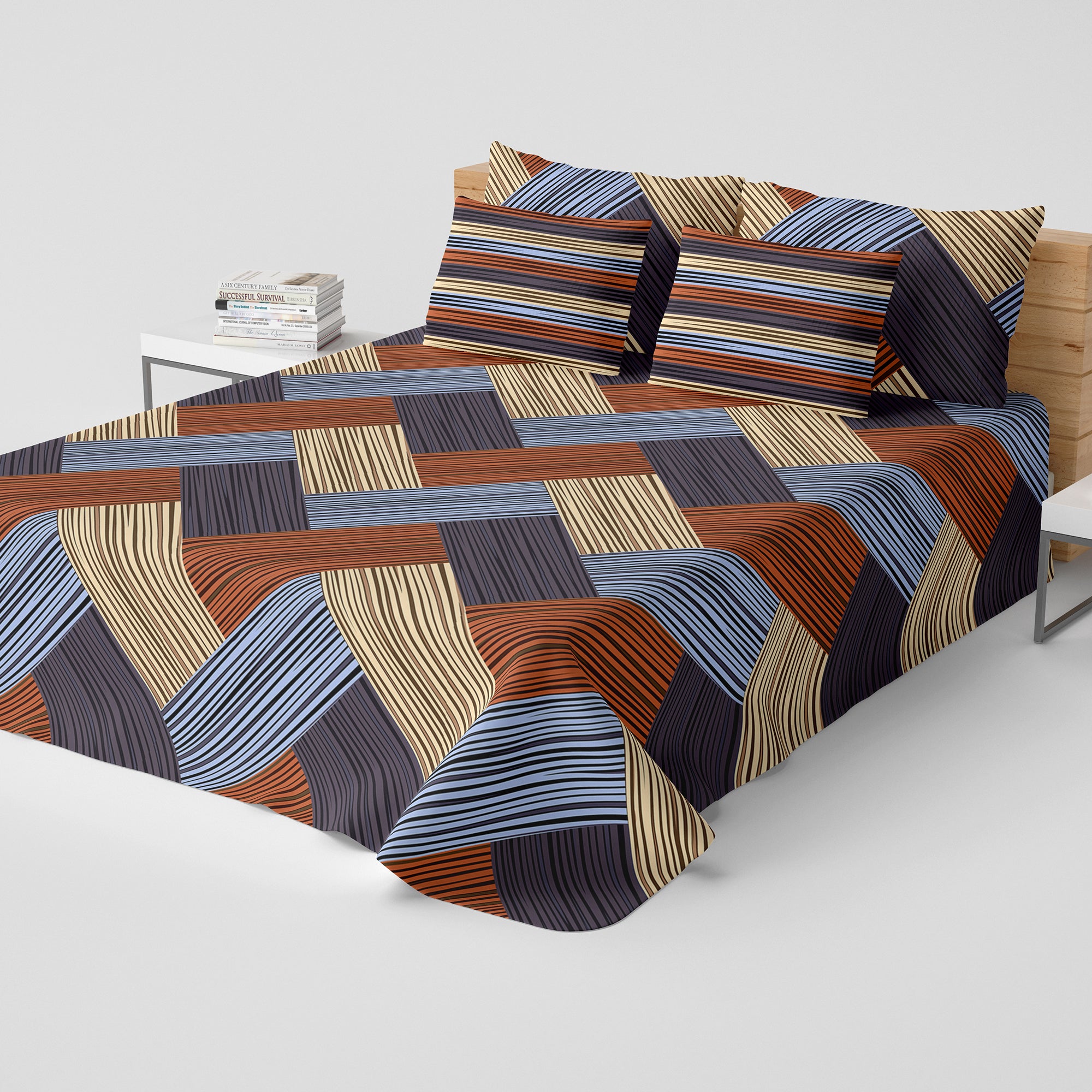 Brown Geometric Grid Bed Sheet Set with Striped Pillows in Sateen - 7400