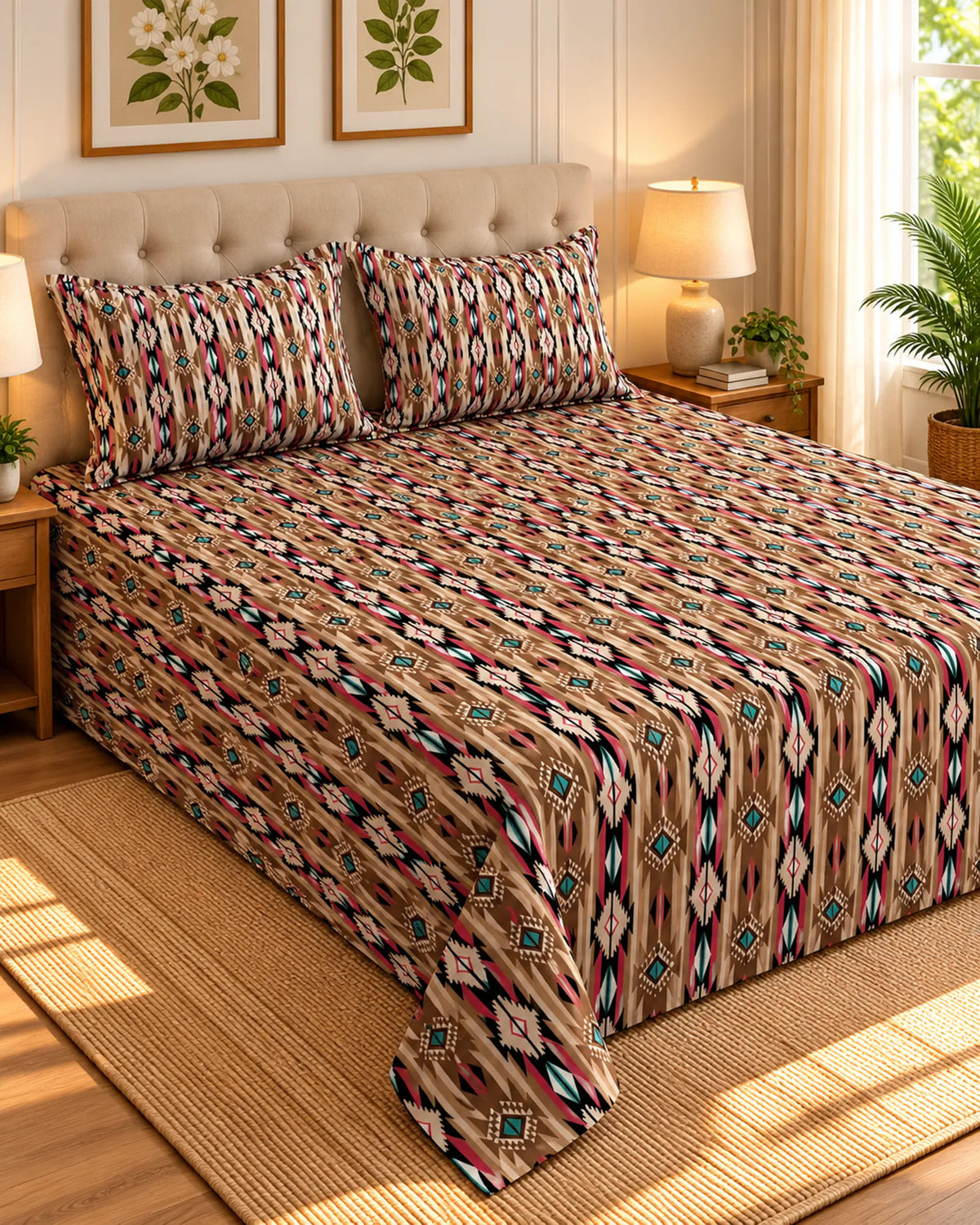 A bed dressed in a patterned beige comforter and matching pillow shams, styled in a warm bedroom with wooden nightstands, lamps, framed botanical wall art, and a potted plant.