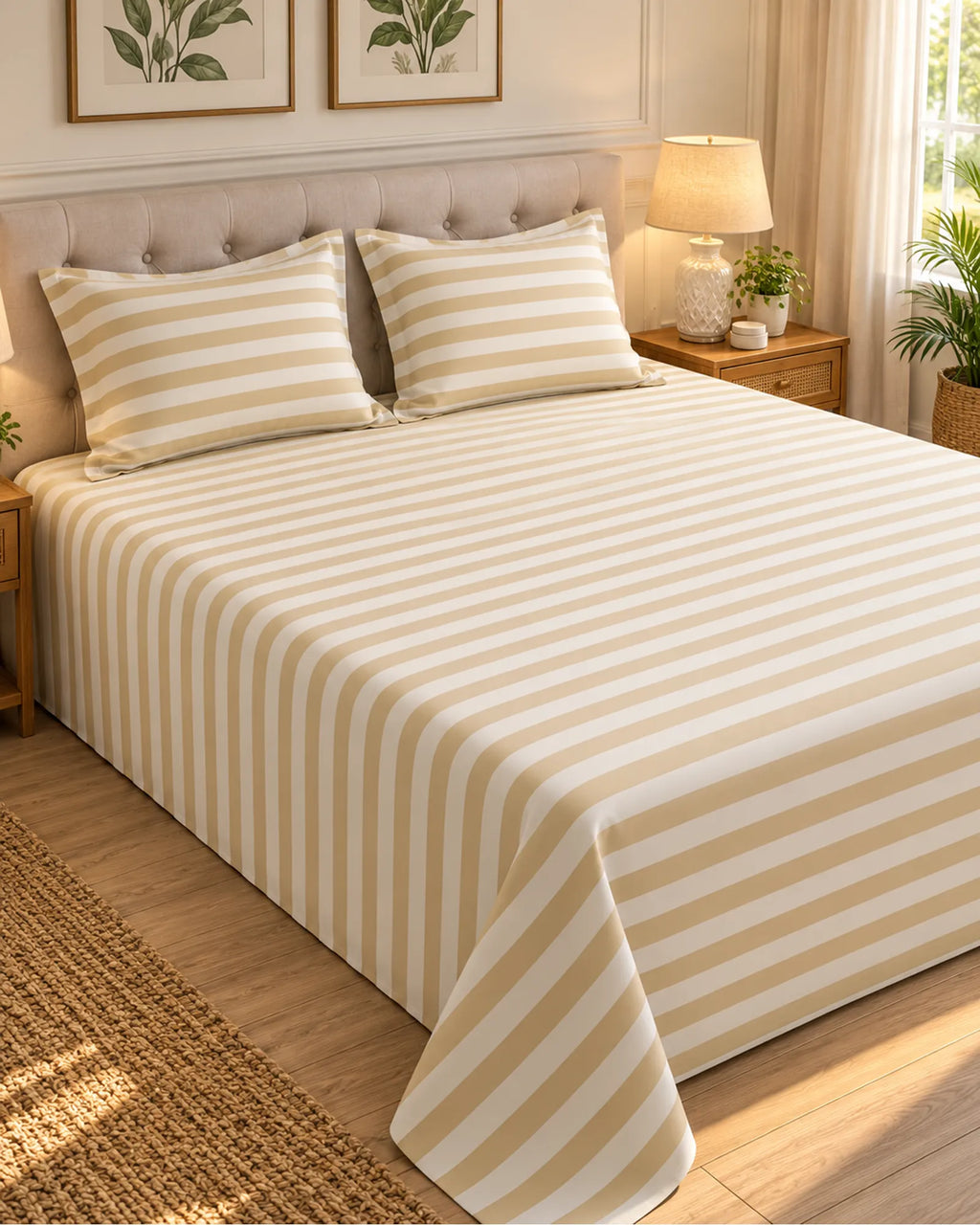 A neatly made bed in a bright bedroom setting, covered with a cream and beige vertically striped sheet and matching pillow shams. The room includes a tufted headboard, bedside lamp, window, and plants.