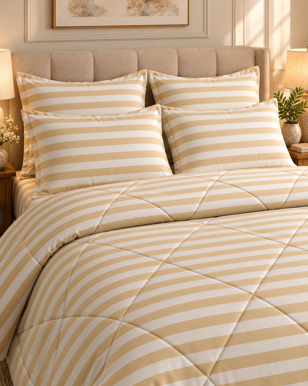 Classic Beige Stripe Sateen 6-Pc Comforter Set