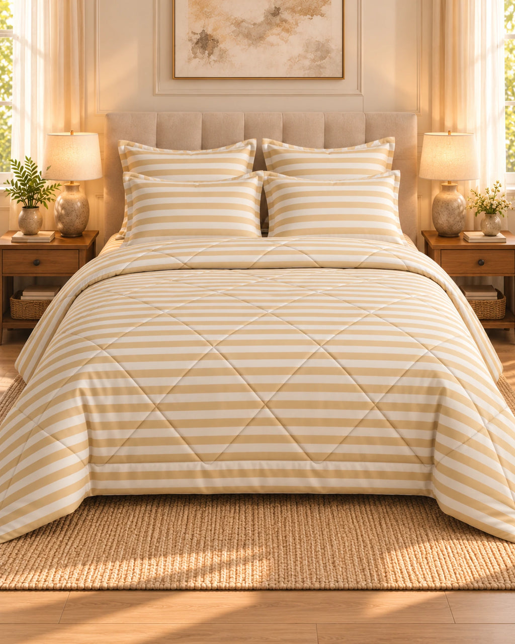 Classic Beige Stripe Sateen 6-Pc Comforter Set